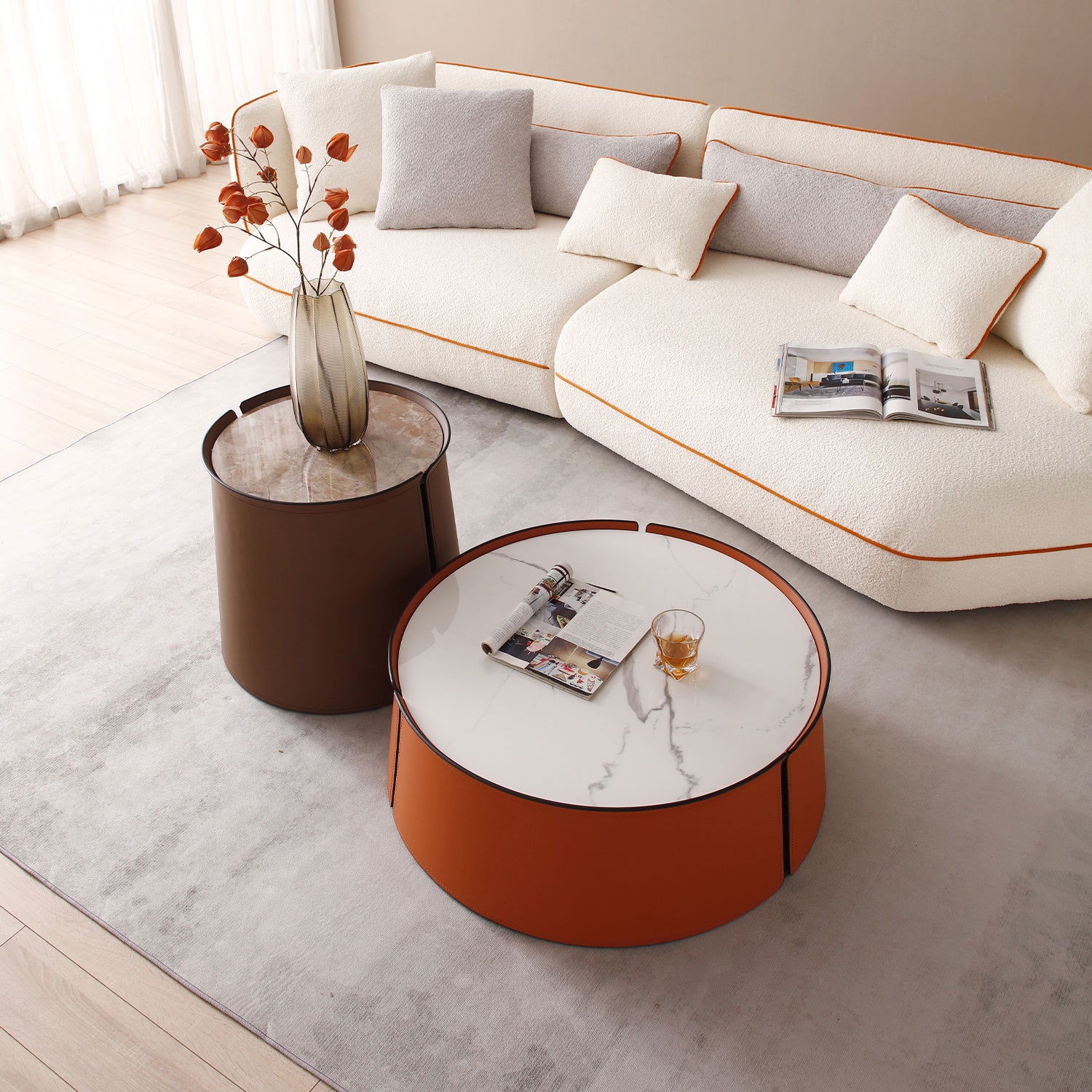 (NOT available on wayfair) 31.5inch Coffee Table, Marble Top+Orange Saddle Leather Body+Iron Frame