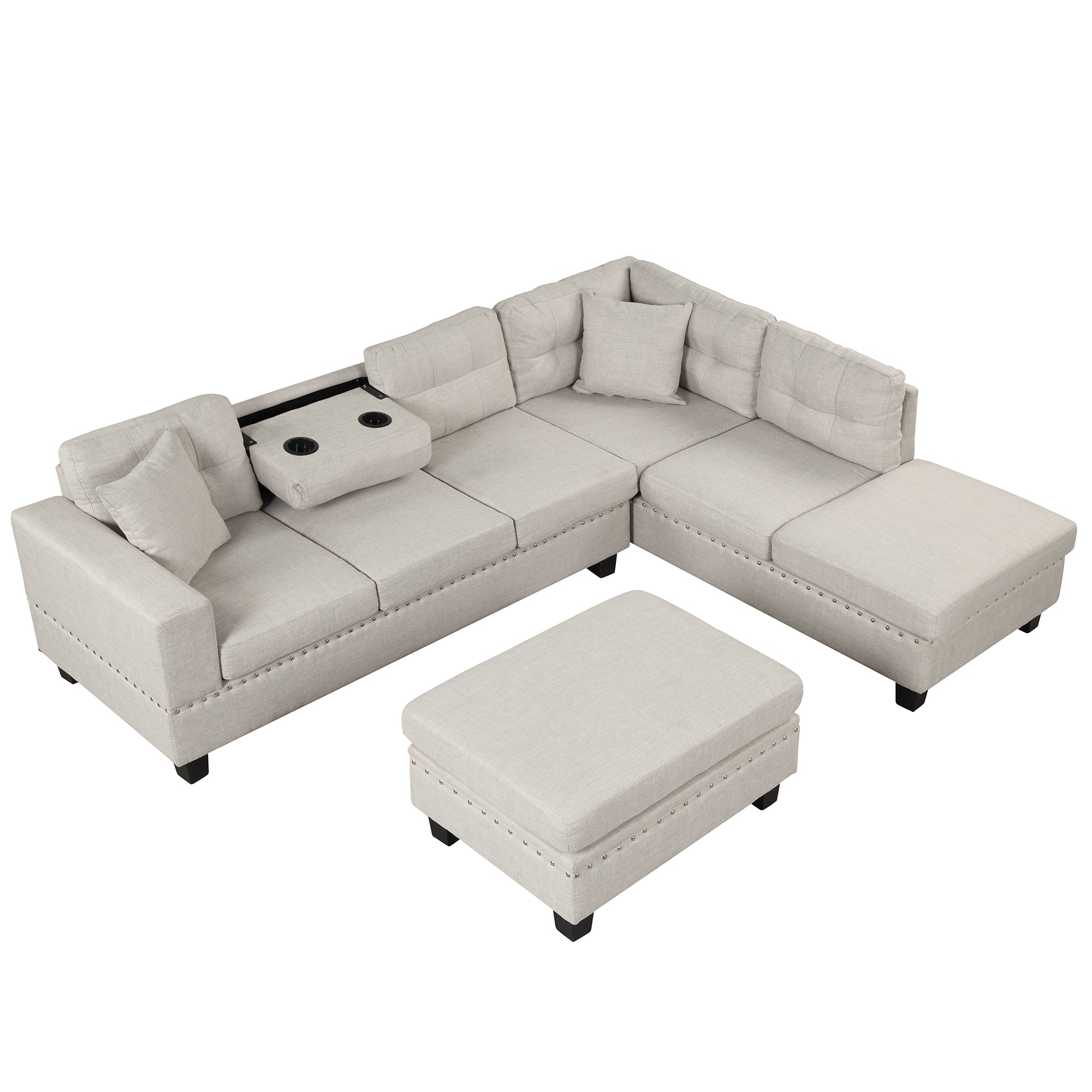 104.5" Modern Sectional Sofa with Storage Ottoman, L-Shape Couch with 2 Pillows and Cup Holder,Sectional Sofa with Reversible Chaise for Living Room,Light Gray