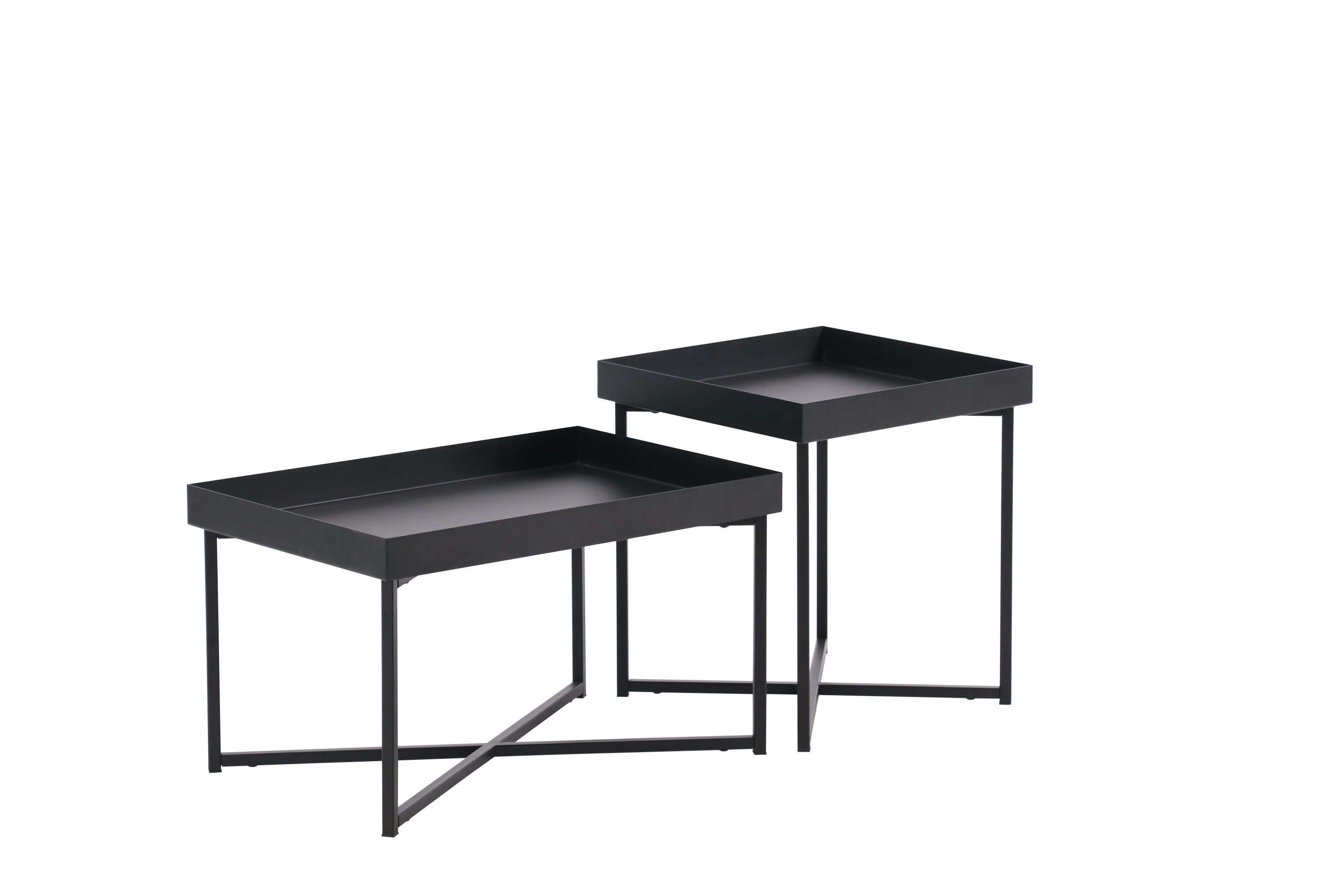 14 H x 24 W x 16 D Black Modern Set of 2 Steel Coffee Tables with Base Levelers, and Raised Edges