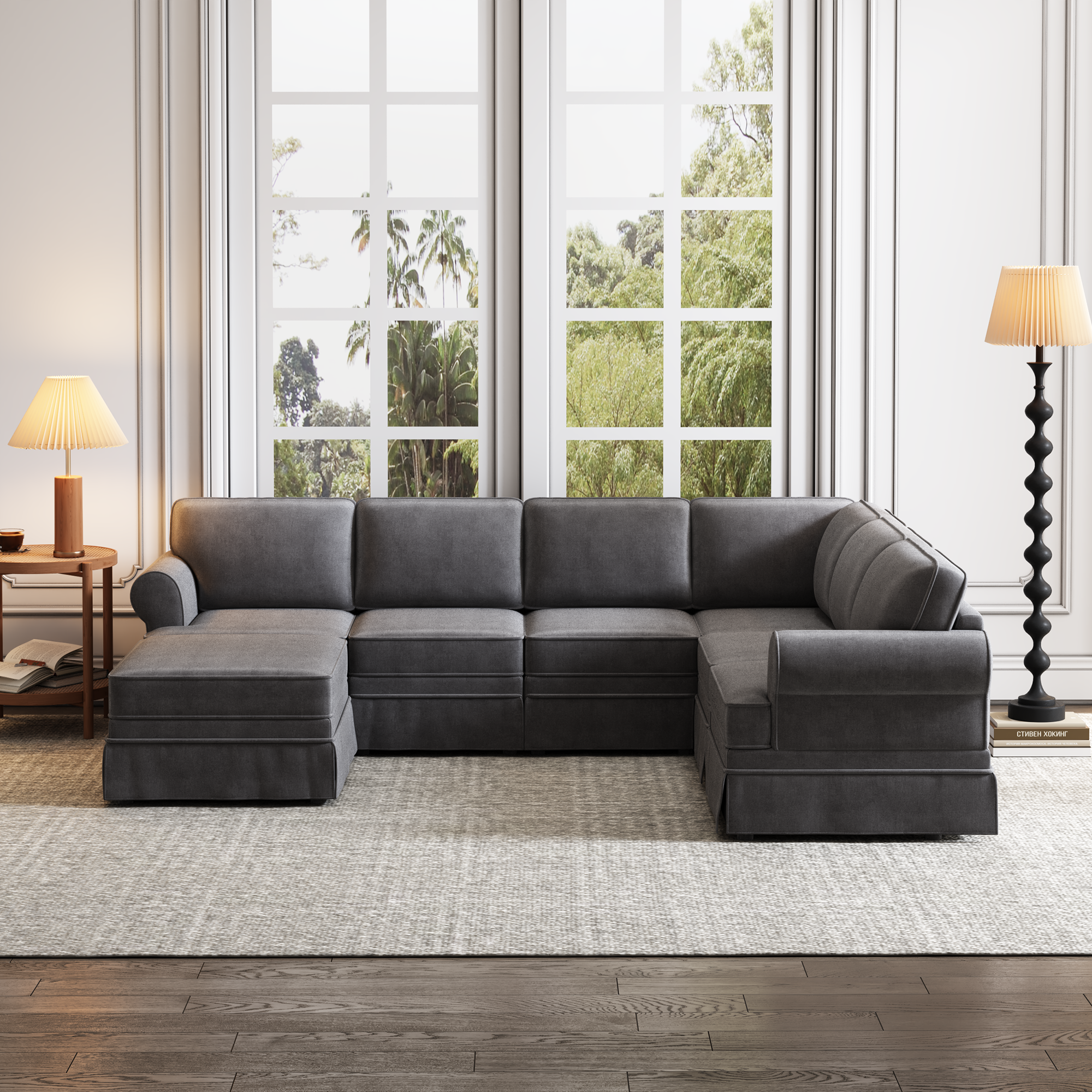 108.6" Fabric Upholstered Modular Sofa Collection, Modular Customizable ,Sectional Couch with removable Ottoman for Living Room, Gray