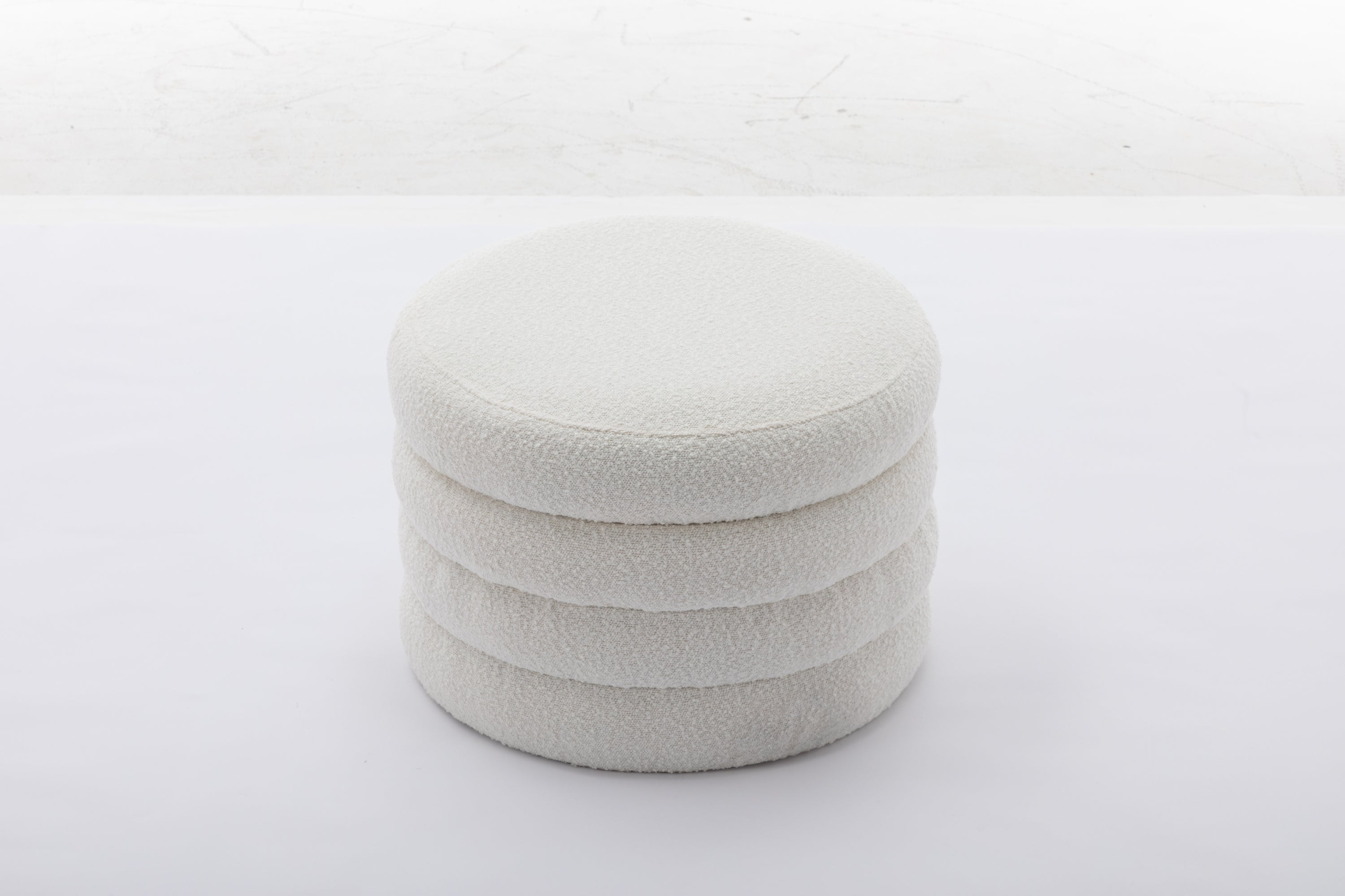 007-Boucle Fabric Storage Round Ottoman Footstool With Wooden Shelving,Ivory