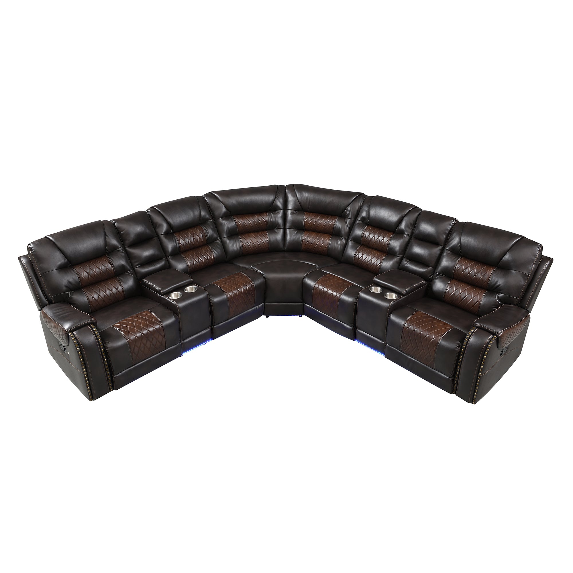 112.2" Manual Reclining Sectional Sofa Set L Shaped Symmetrical Motion Sofa Corner Couch Sets with Storage Boxes, 4 Cup Holders and LED Light Strip for Living Room, Brown