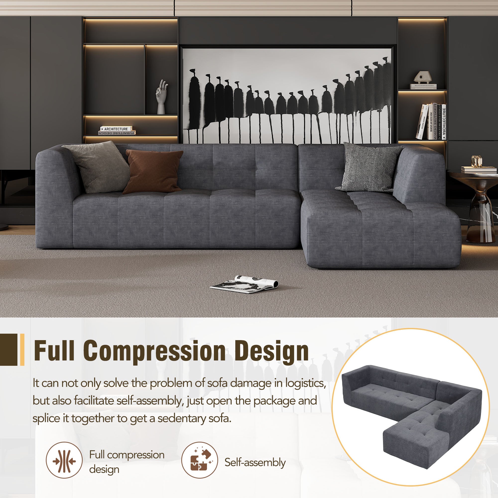 110.2*72.8" Modular Modular Combination Living Room Sofa Set, Modern Minimalist Sofa, Living Room Upholstered Sofa Bed, Bedroom, 3pcs Computer Free Combination, L-Shaped,Dark Grey