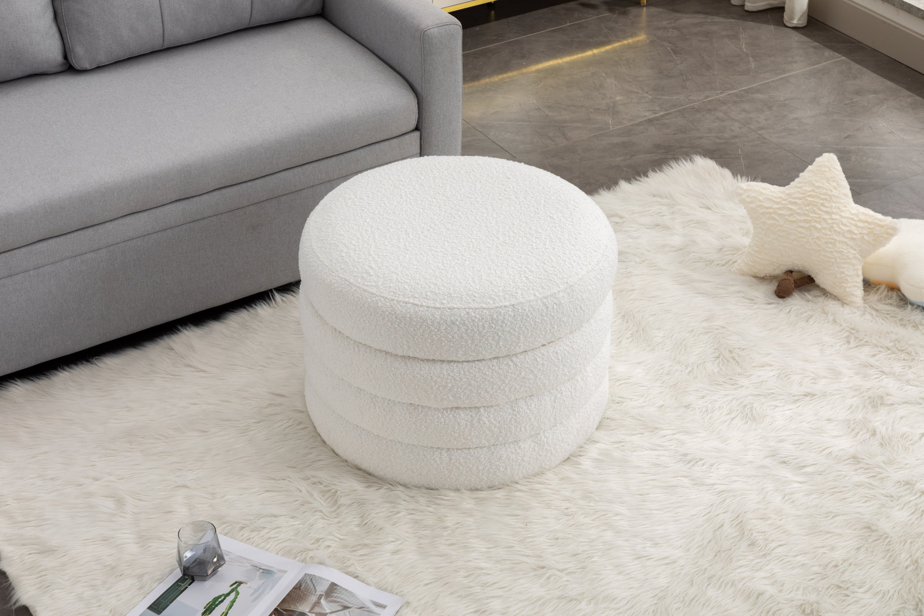 007-Boucle Fabric Storage Round Ottoman Footstool With Wooden Shelving,Ivory