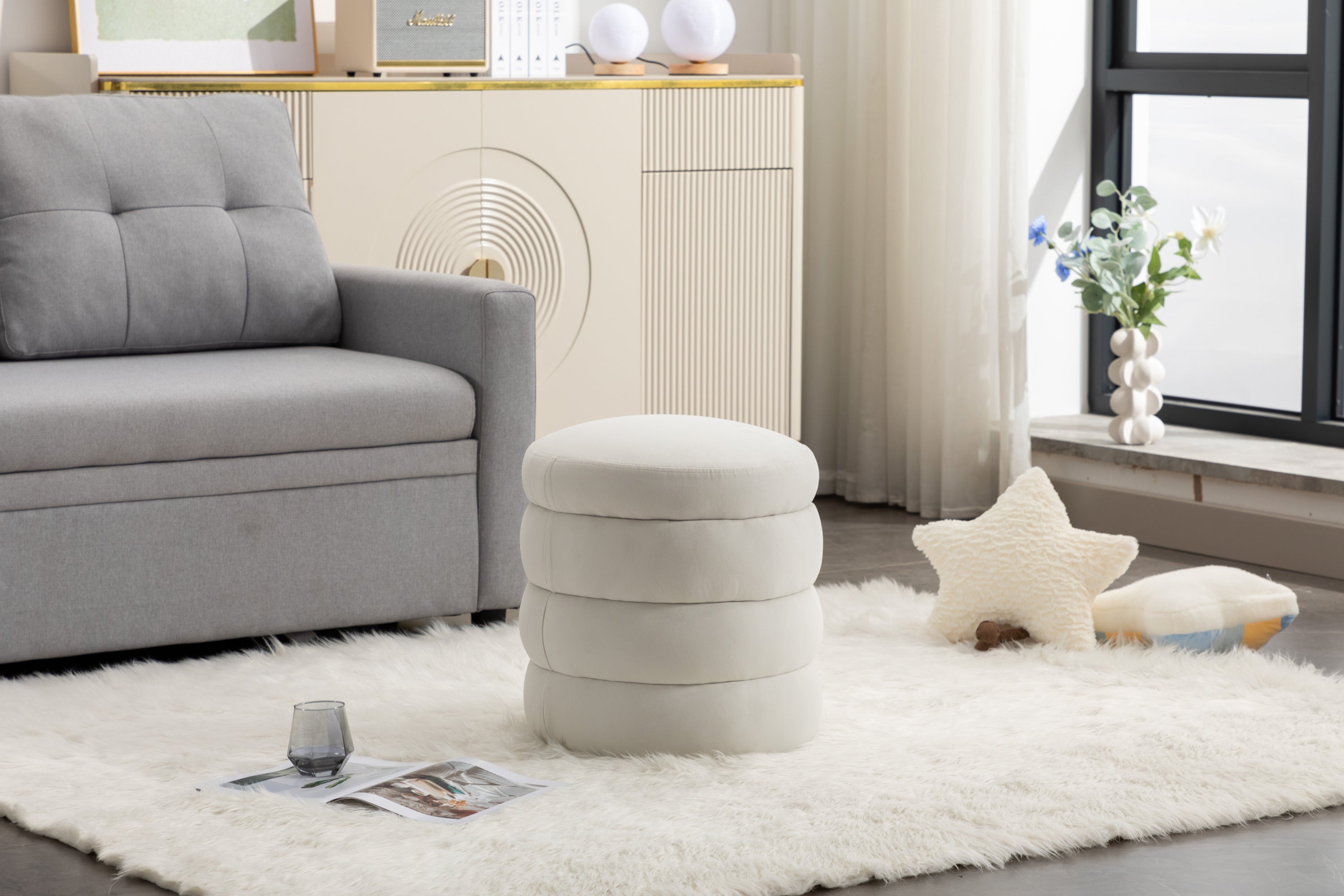 006-Soft Velvet Round Ottoman Footrest Stool