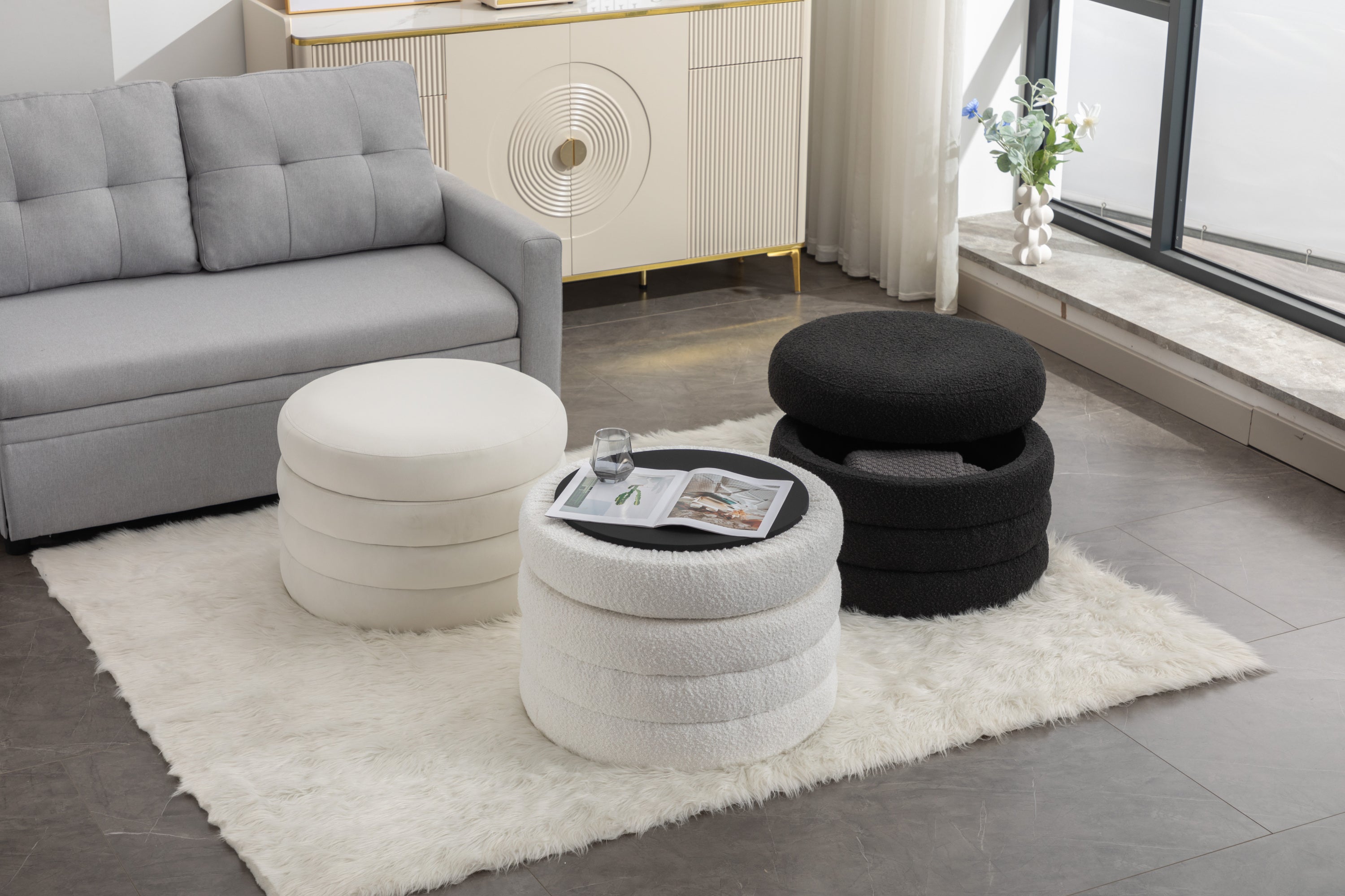 007-Boucle Fabric Storage Round Ottoman Footstool With Wooden Shelving,Ivory