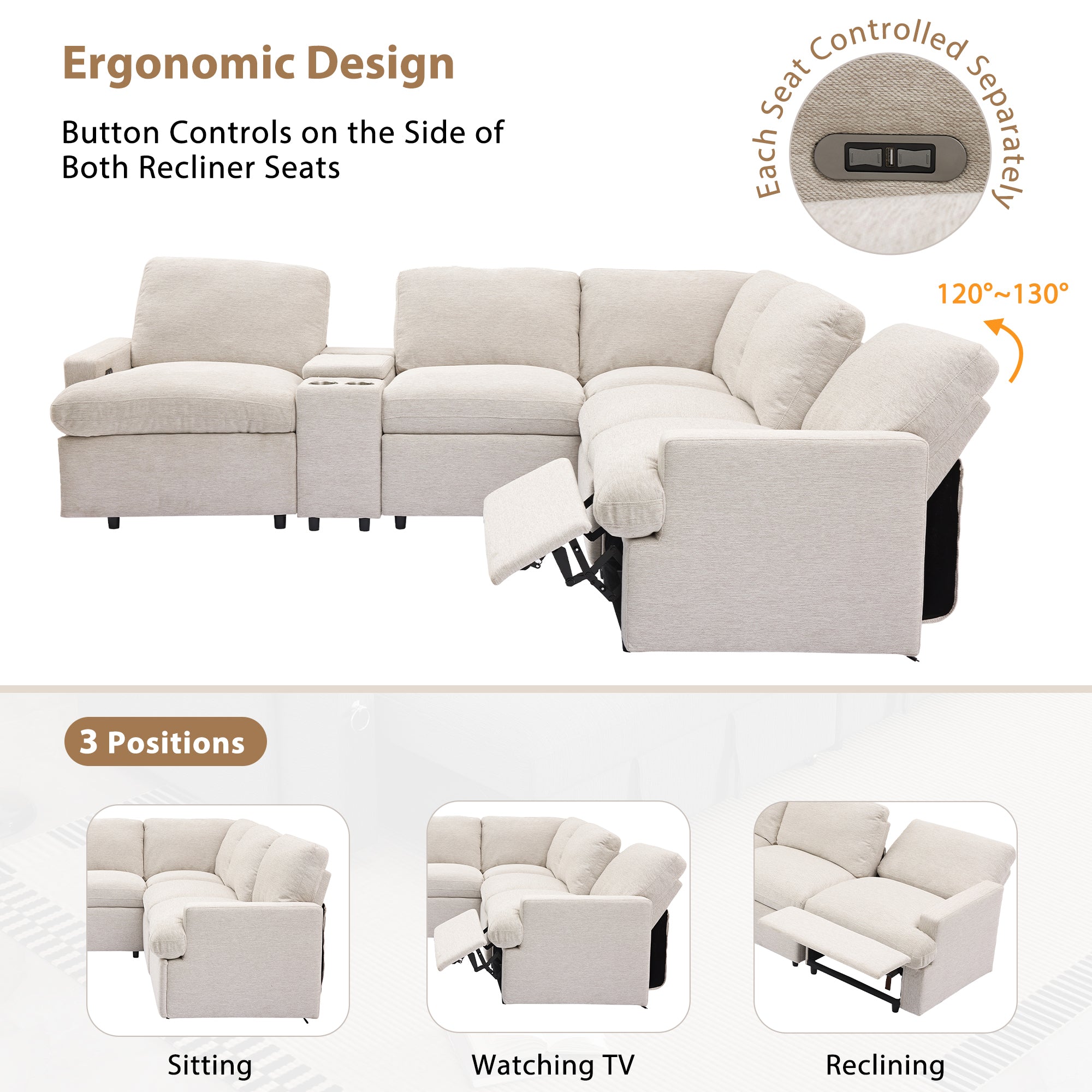 104'' Power Recliner Corner Sofa Home Theater Reclining Sofa Sectional Couches with Storage Box, Cup Holders, USB Ports and Power Socket for Living Room, Beige