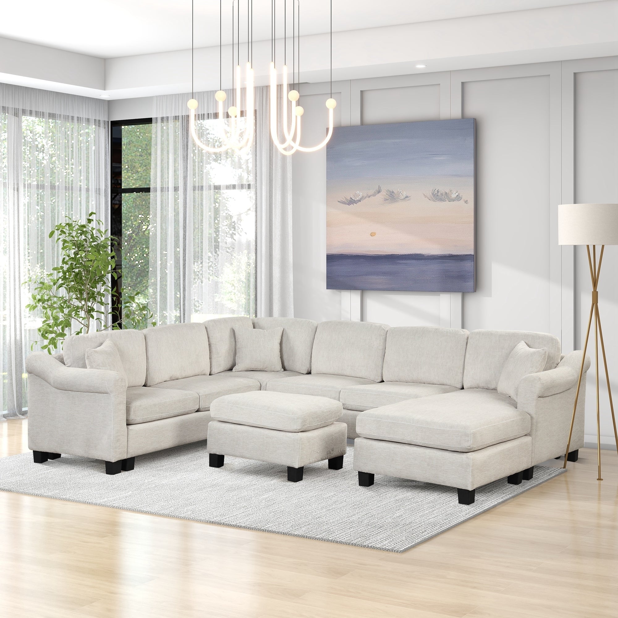 122.1" *91.3" 4pcs Sectional Sofa with Ottoman with Right Side Chaise velvet fabric White