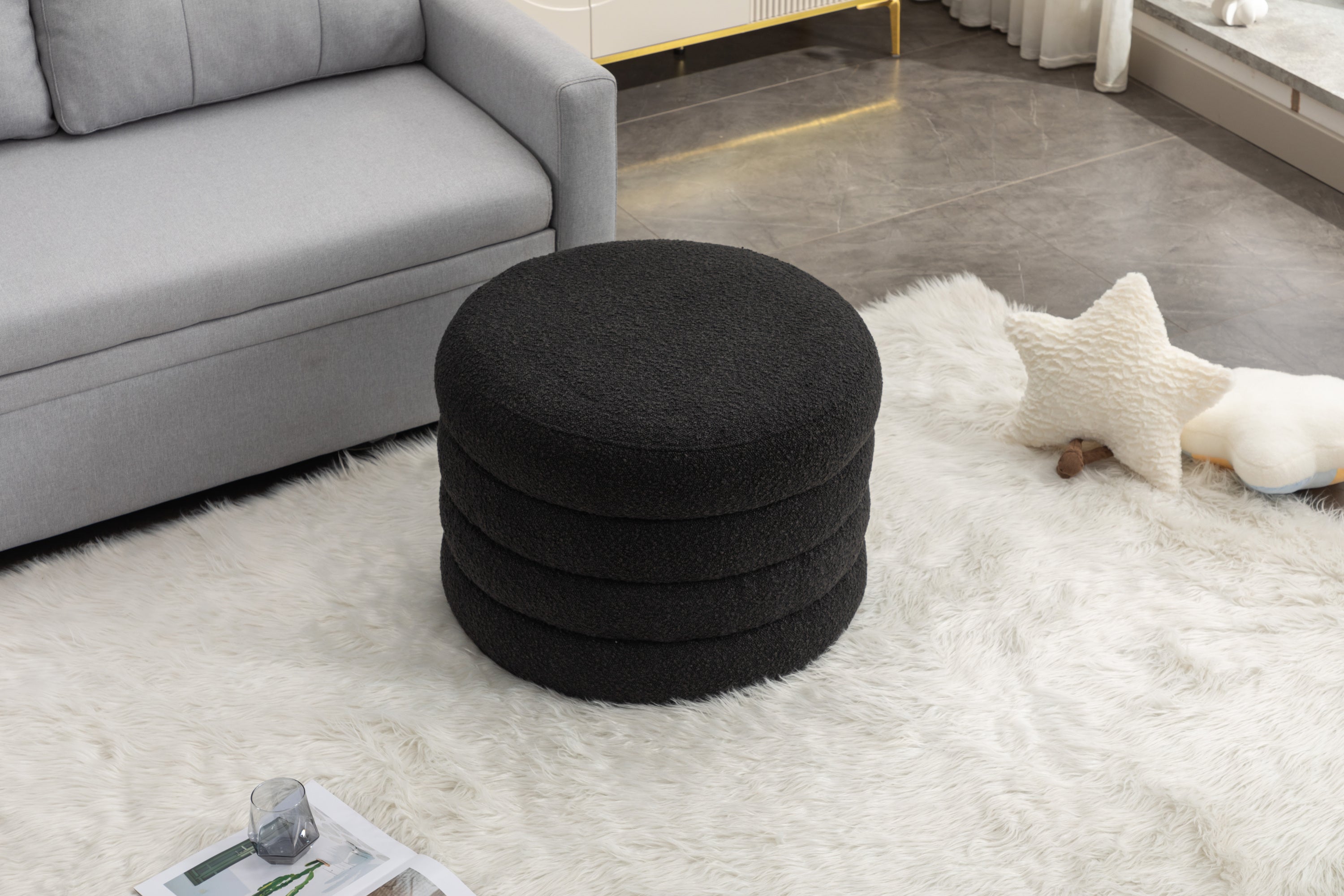 007-Boucle Fabric Storage Round Ottoman Footstool With Wooden Shelving,Black