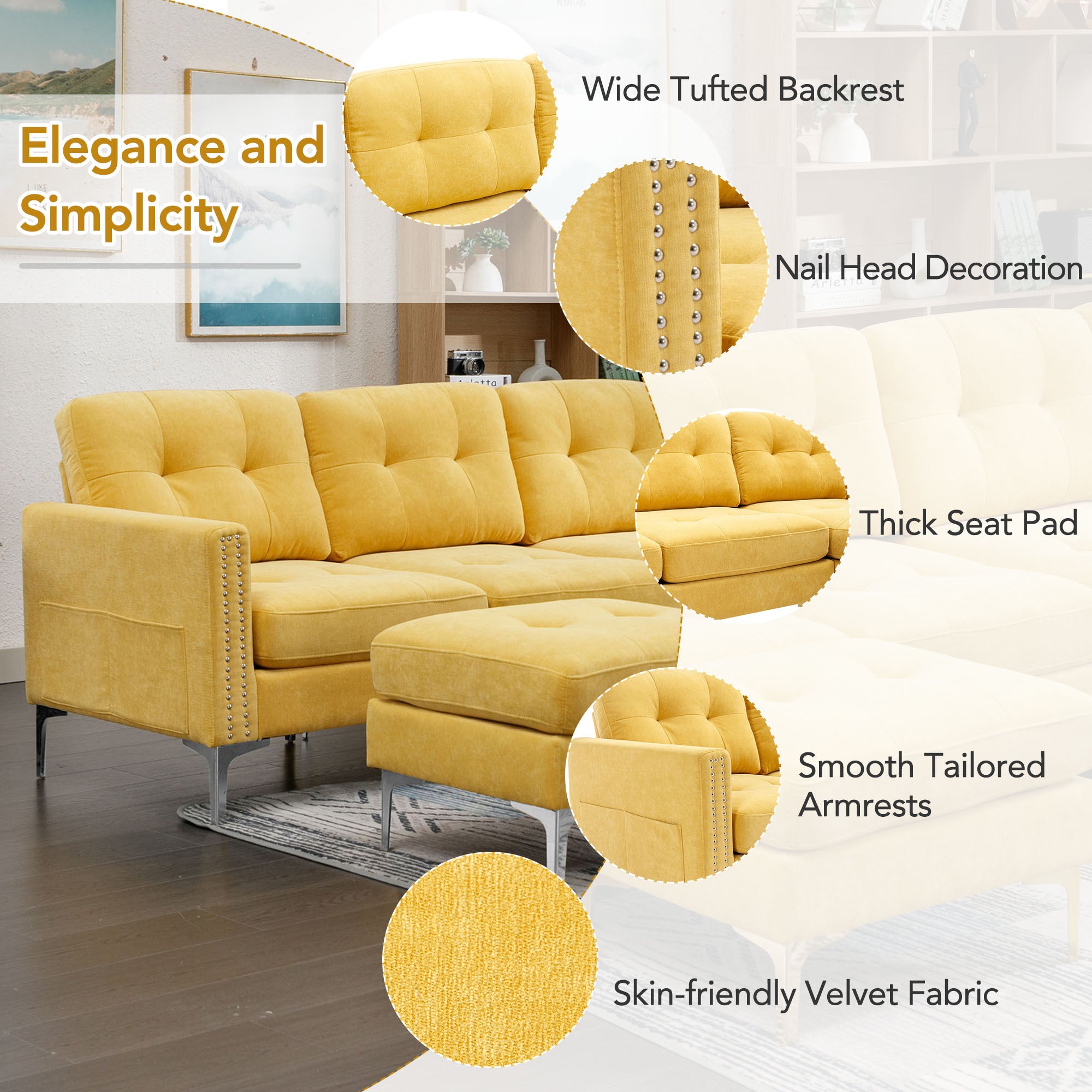 110" L-Shape Convertible Sectional Sofa Couch with Movable Ottoman for Living Room, Apartment, Office, Yellow