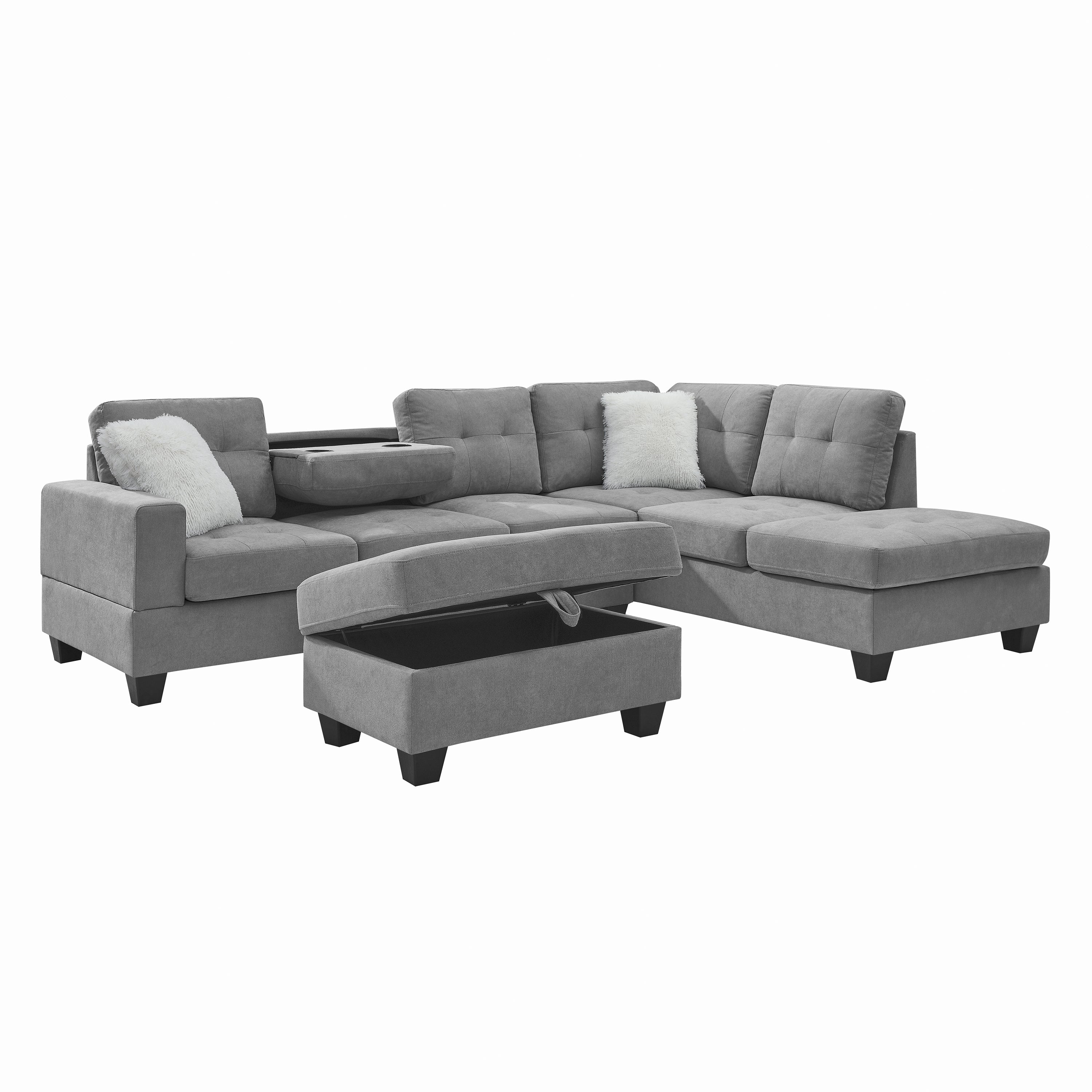 107" Fabric Sectional Sofa Couch with Storage Ottoman, L Shape sofa with Folded Cup Holder Panel for Living Room, Light Gray, Pocket Coil Spring in Seats