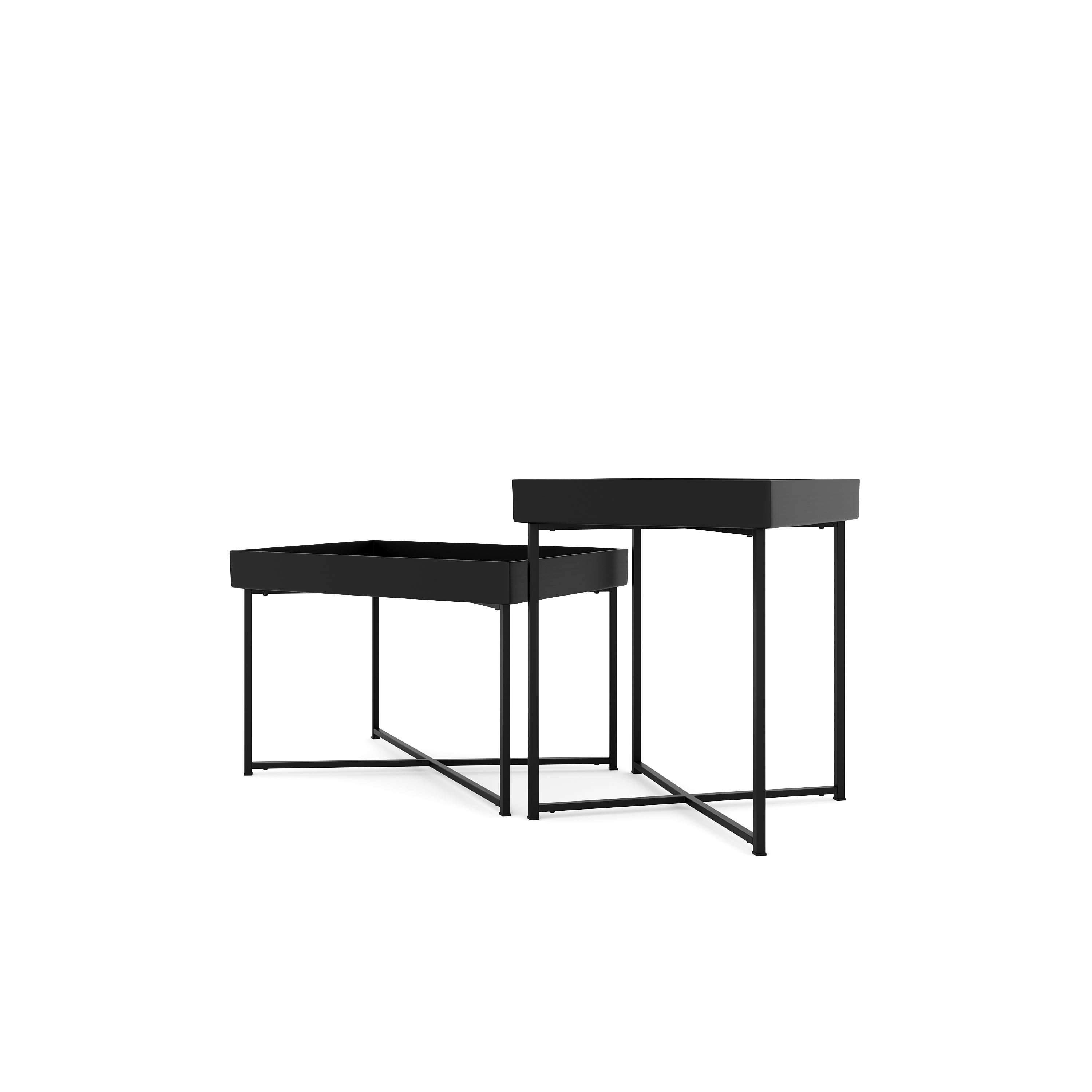 14 H x 24 W x 16 D Black Modern Set of 2 Steel Coffee Tables with Base Levelers, and Raised Edges