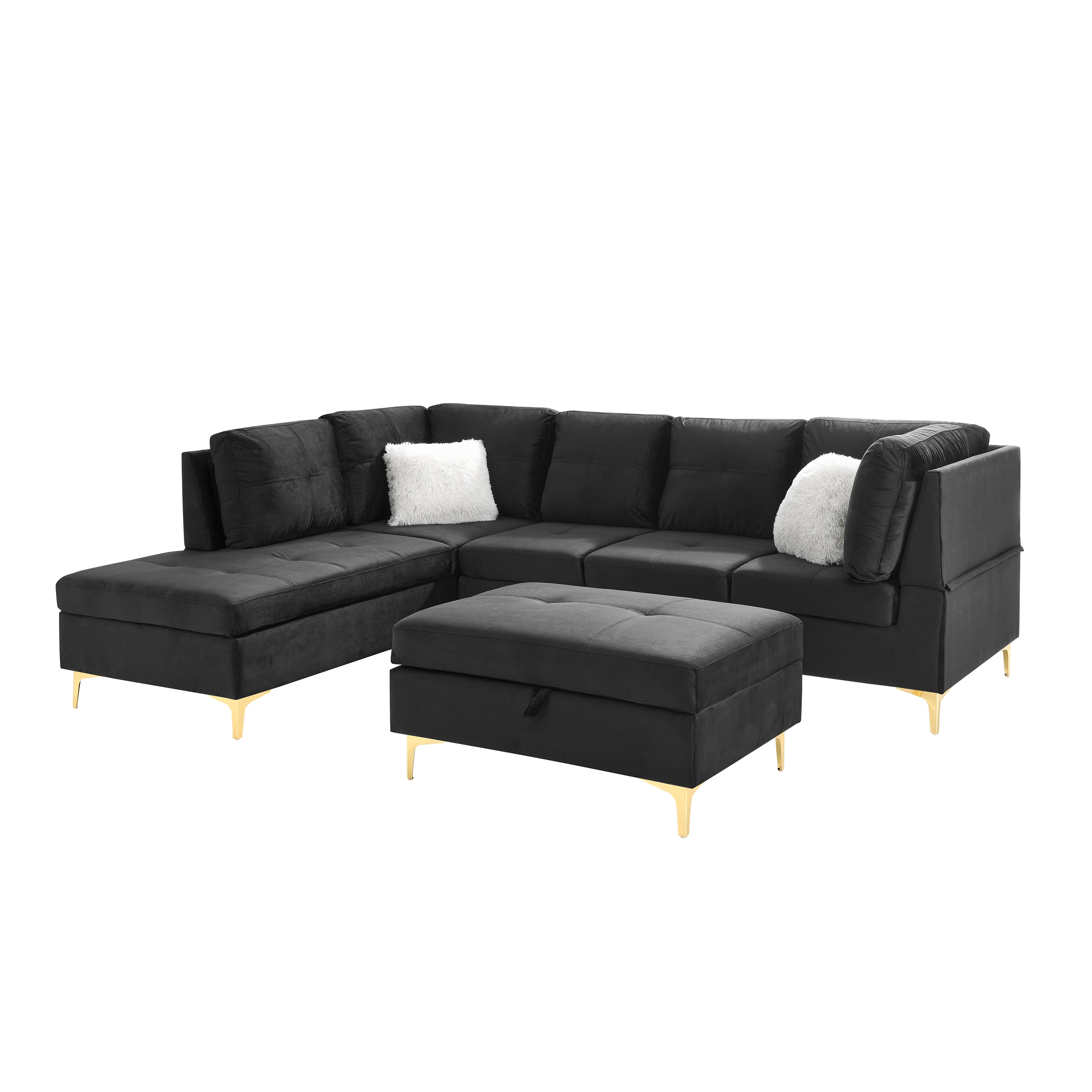 103" Velvet Sectional Sofa, L Shape Corner Couch with Storage Ottoman for Living Room, Black Fabric, Pocket Coil Spring in Seats, Chaise face Left