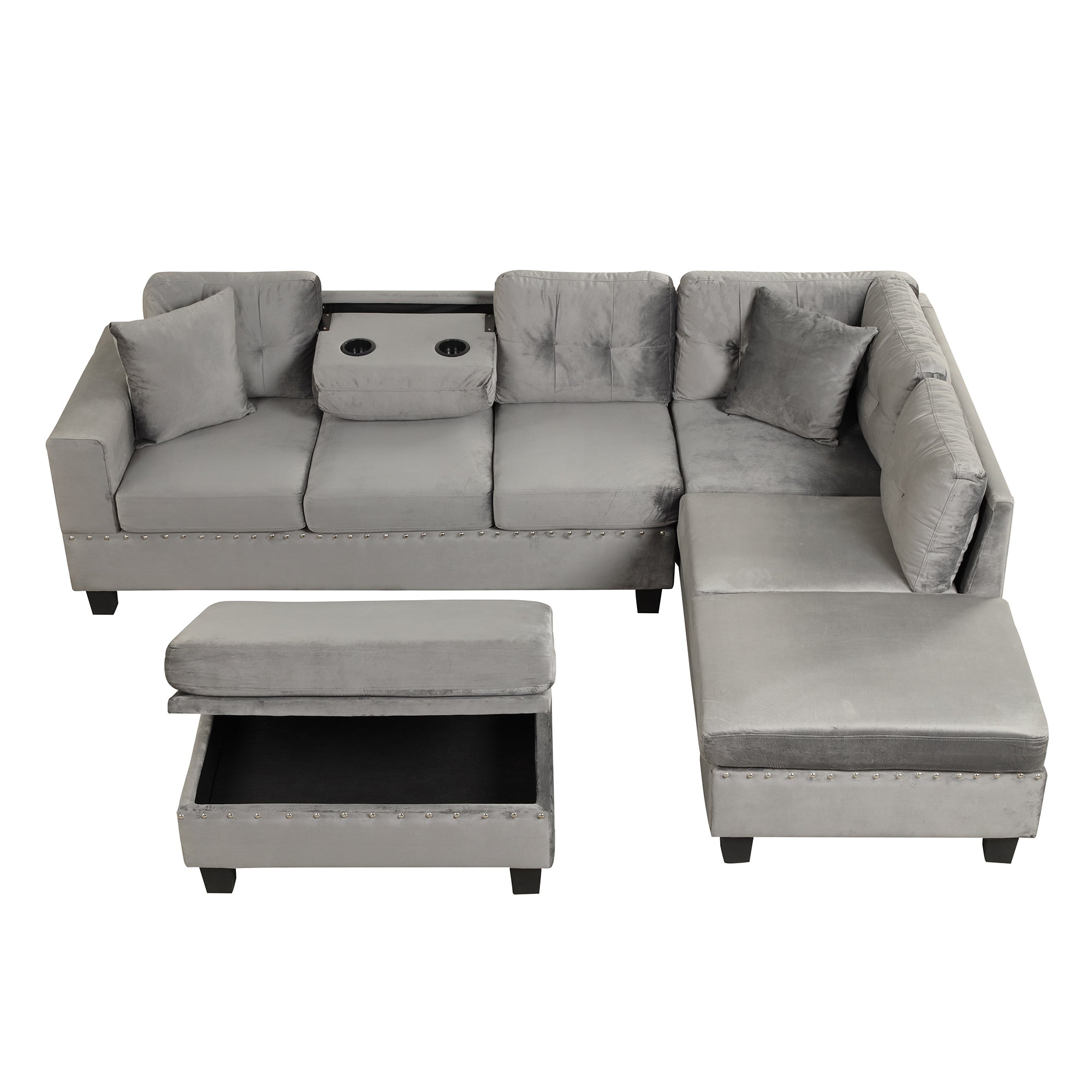 104.5" Modern Sectional Sofa with Storage Ottoman, L-Shape Couch with 2 Pillows and Cup Holder,Sectional Sofa with Reversible Chaise for Living Room,Gray