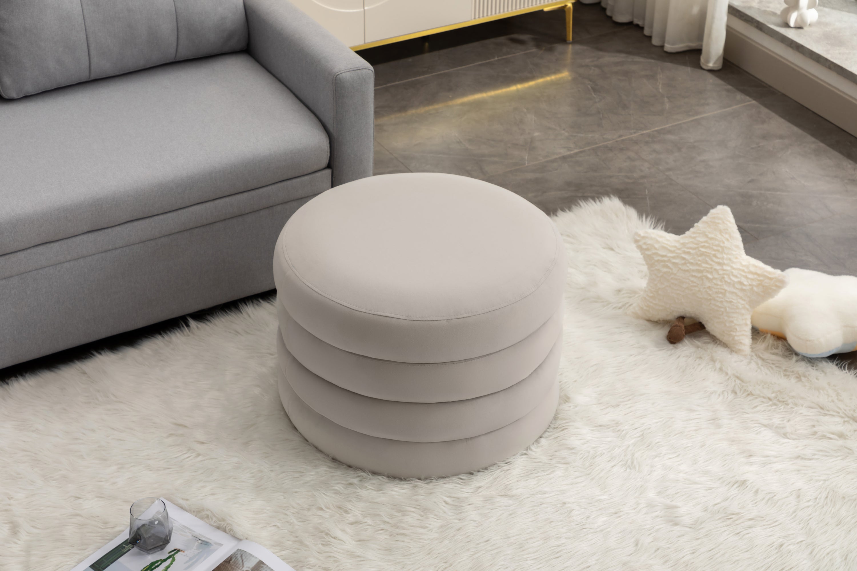 007-Velvet Fabric Storage Round Ottoman Footstool With Wooden Shelving,Light Gray