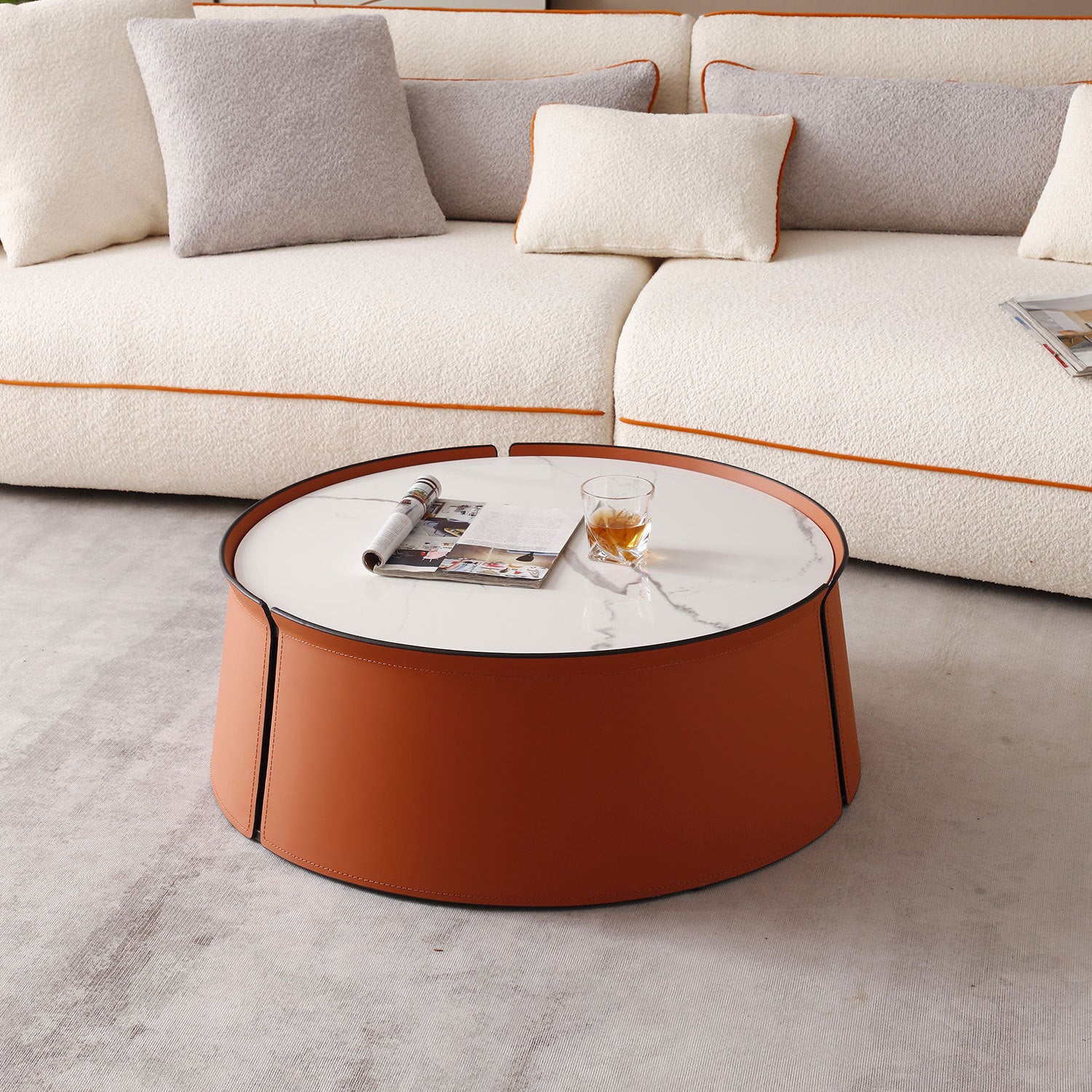 (NOT available on wayfair) 31.5inch Coffee Table, Marble Top+Orange Saddle Leather Body+Iron Frame