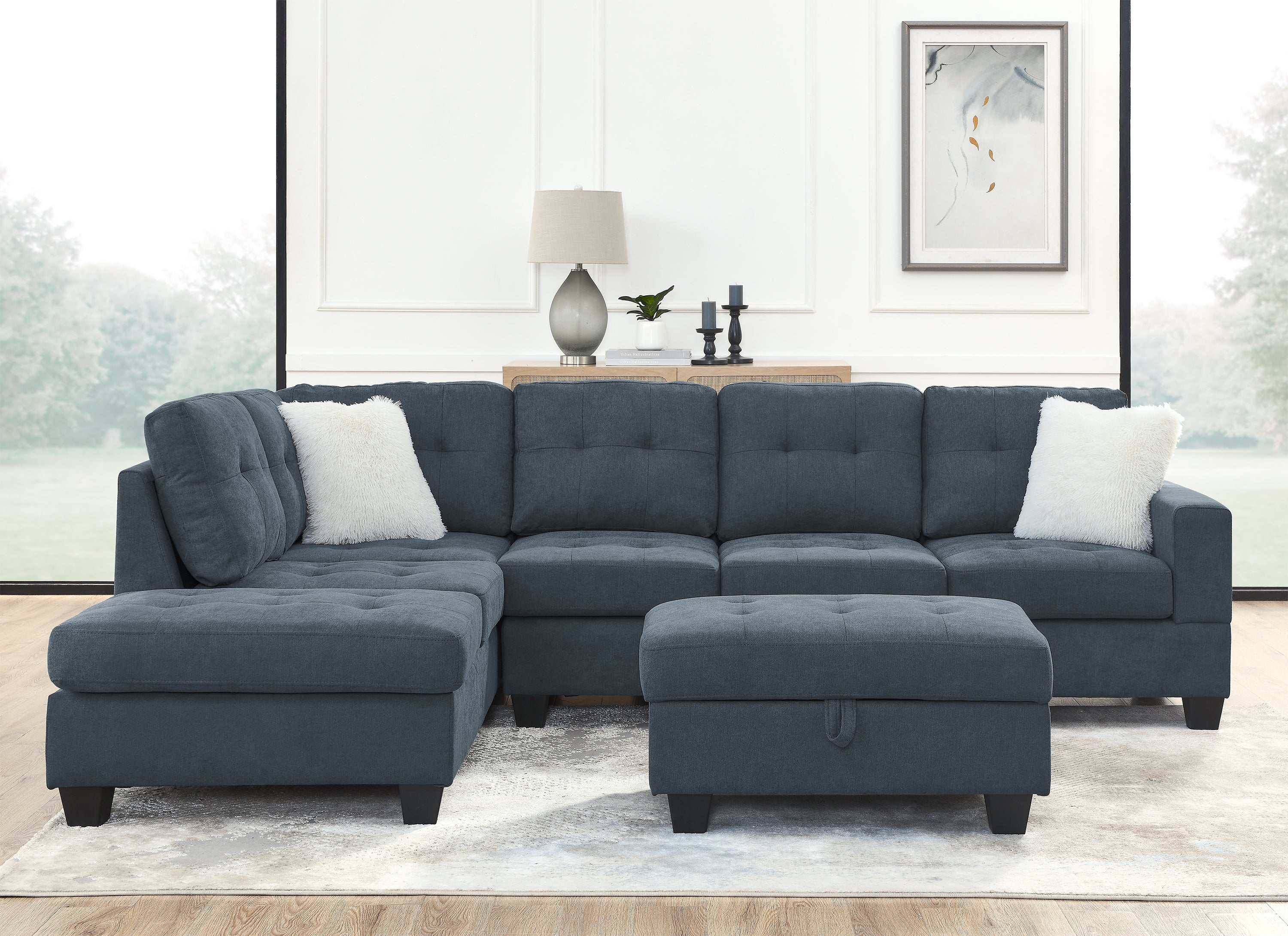 107" Fabric Sectional Sofa Couch with Storage Ottoman, L Shape sofa with Folded Cup Holder Panel for Living Room, Dark Gray, Pocket Coil Spring in Seats