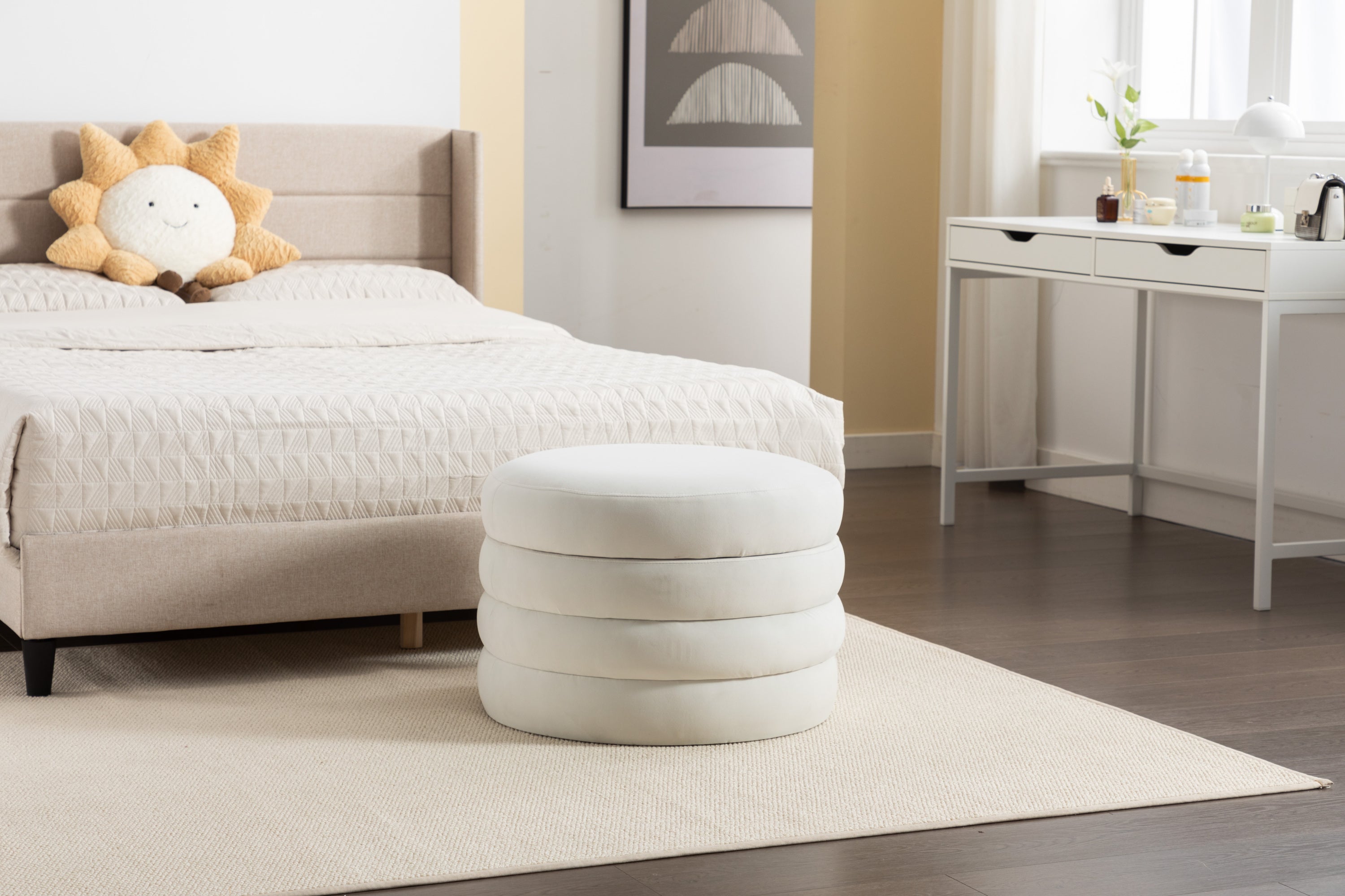 007-Velvet Fabric Storage Round Ottoman Footstool With Wooden Shelving,Ivory