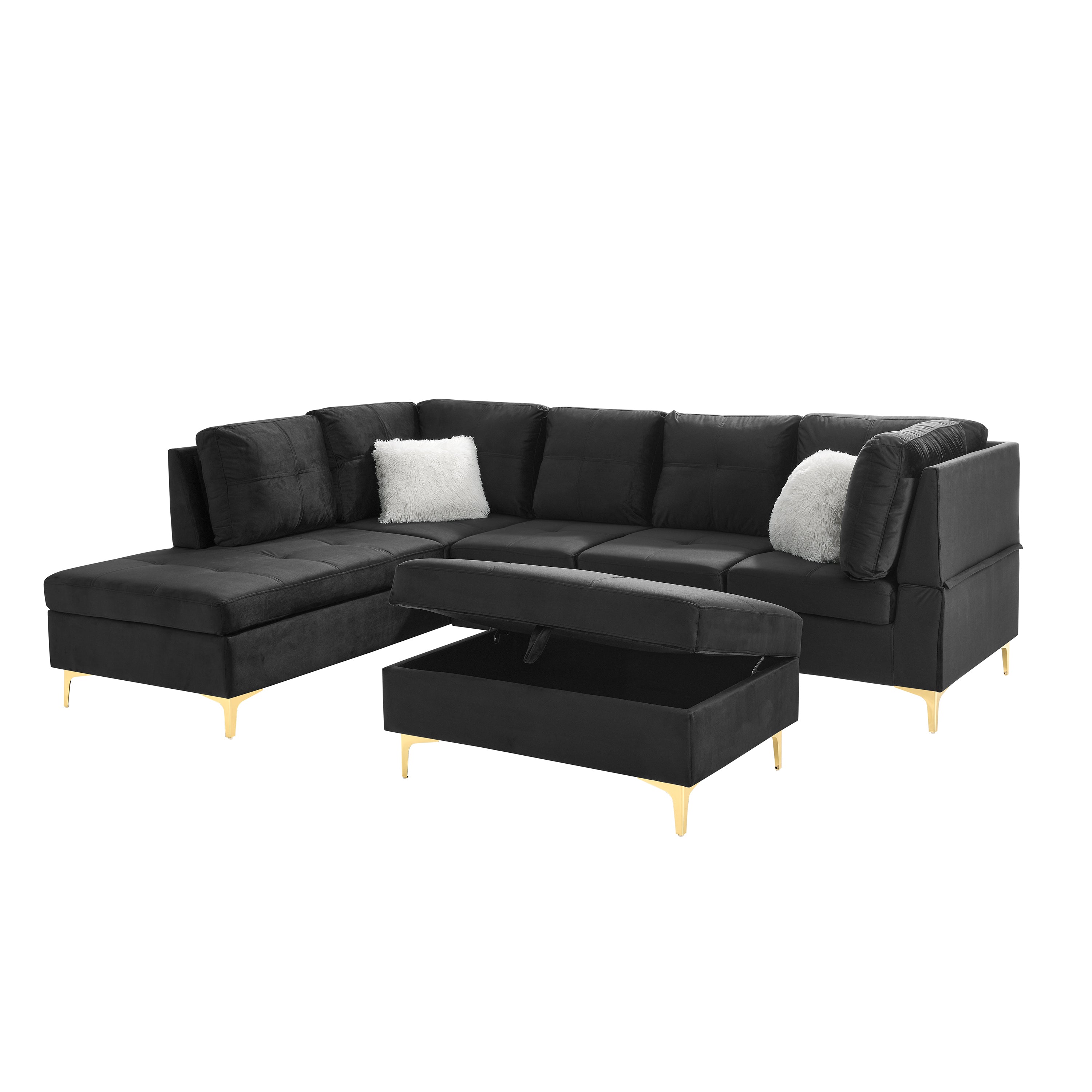 103" Velvet Sectional Sofa, L Shape Corner Couch with Storage Ottoman for Living Room, Black Fabric, Pocket Coil Spring in Seats, Chaise face Left