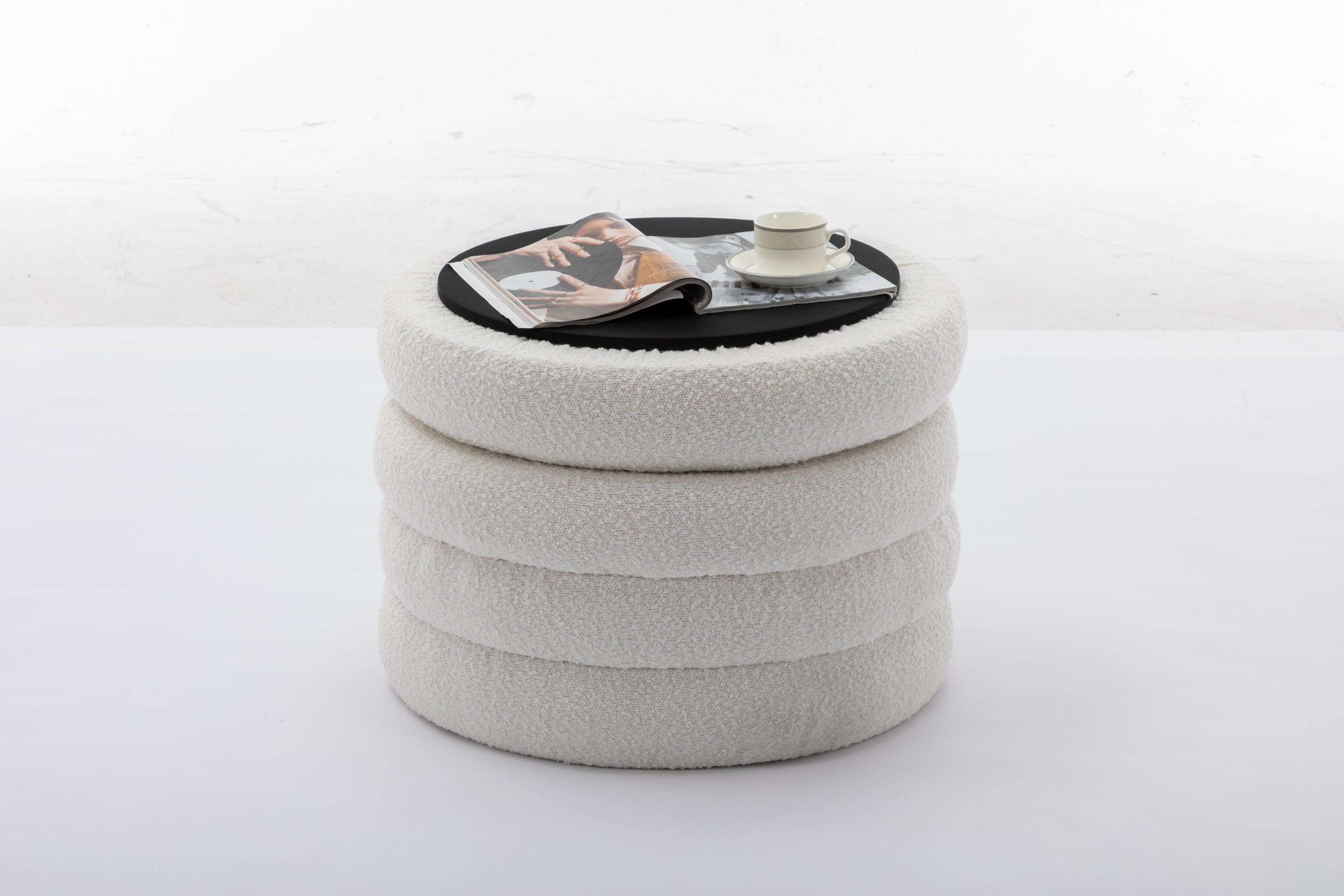 007-Boucle Fabric Storage Round Ottoman Footstool With Wooden Shelving,Ivory