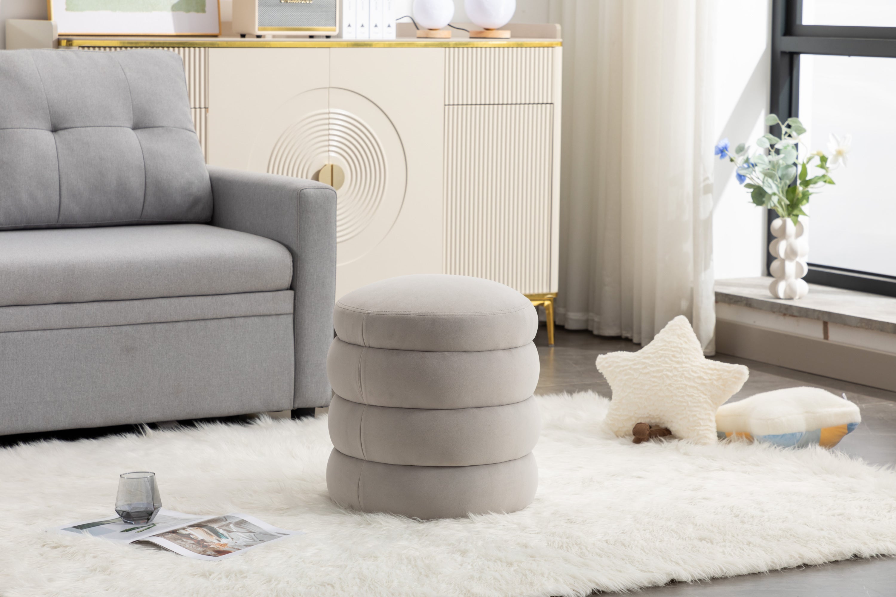 006-Soft Velvet Round Ottoman Footrest Stool,Light Gray