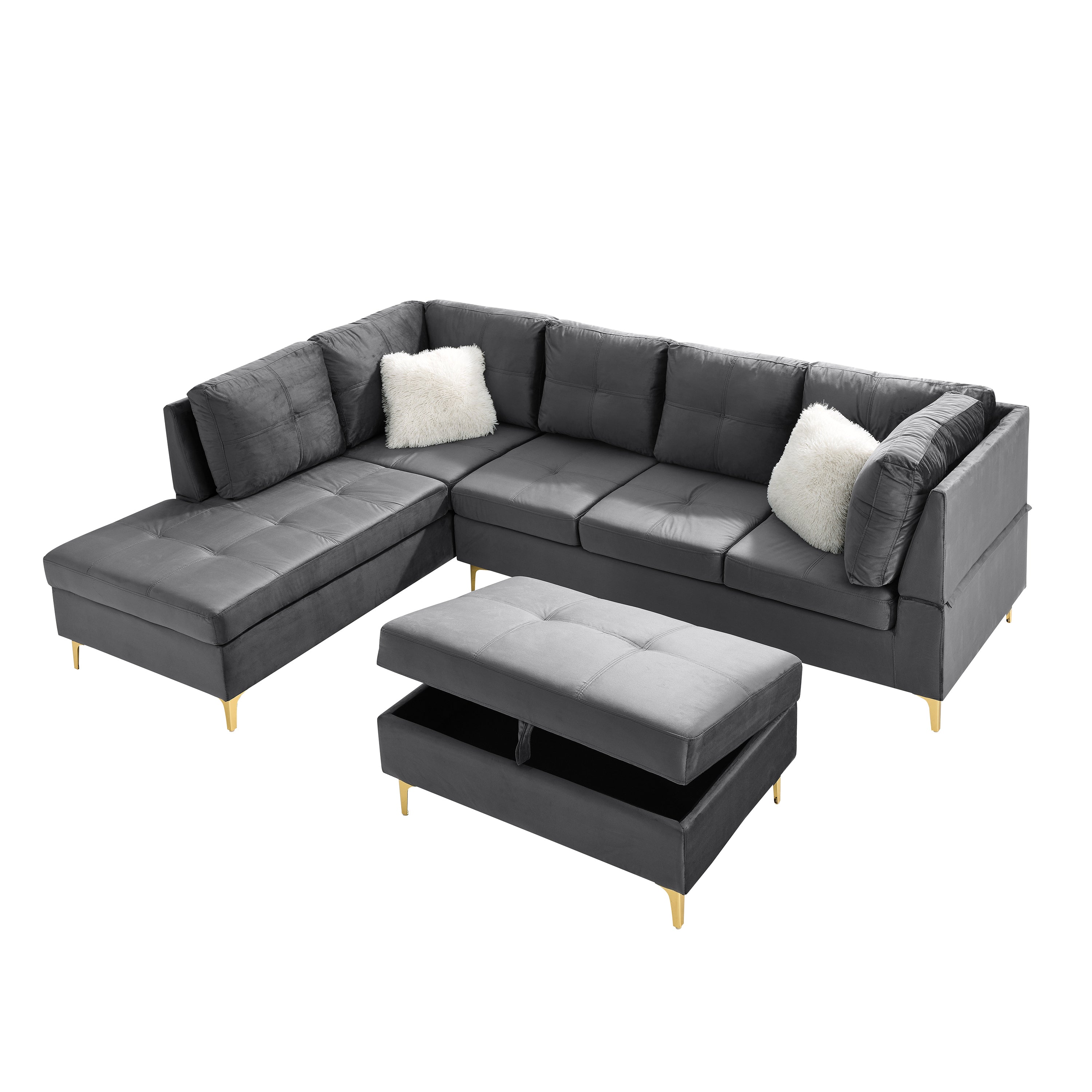 103" Velvet Sectional Sofa, L Shape Corner Couch with Storage Ottoman for Living Room, Gray Fabric, Pocket Coil Spring in Seats, Chaise face Left