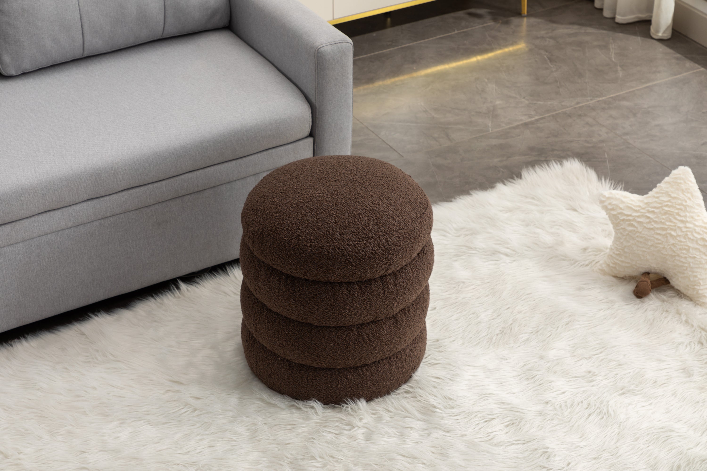 006-Soft Boucle Round Ottoman Footrest Stool,Brown