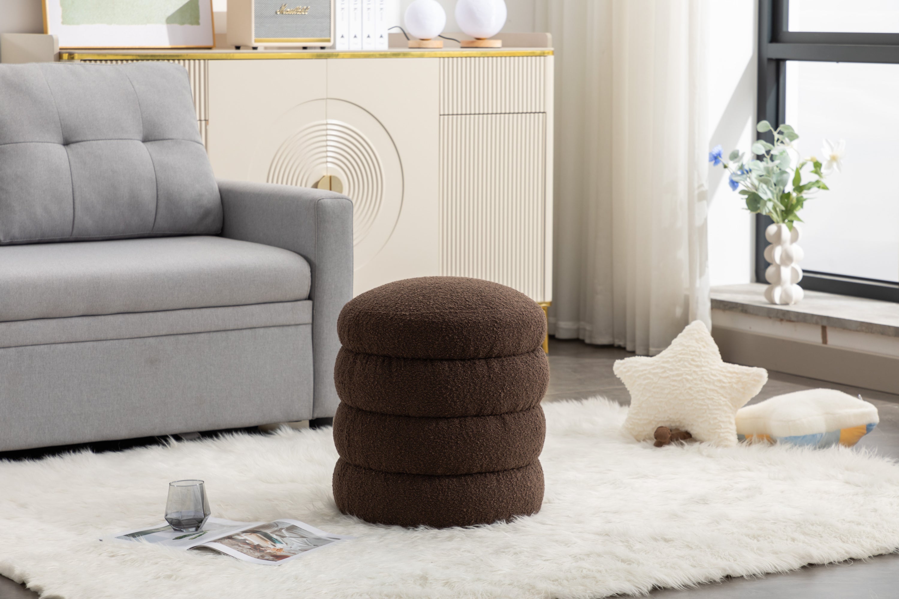 006-Soft Boucle Round Ottoman Footrest Stool,Brown