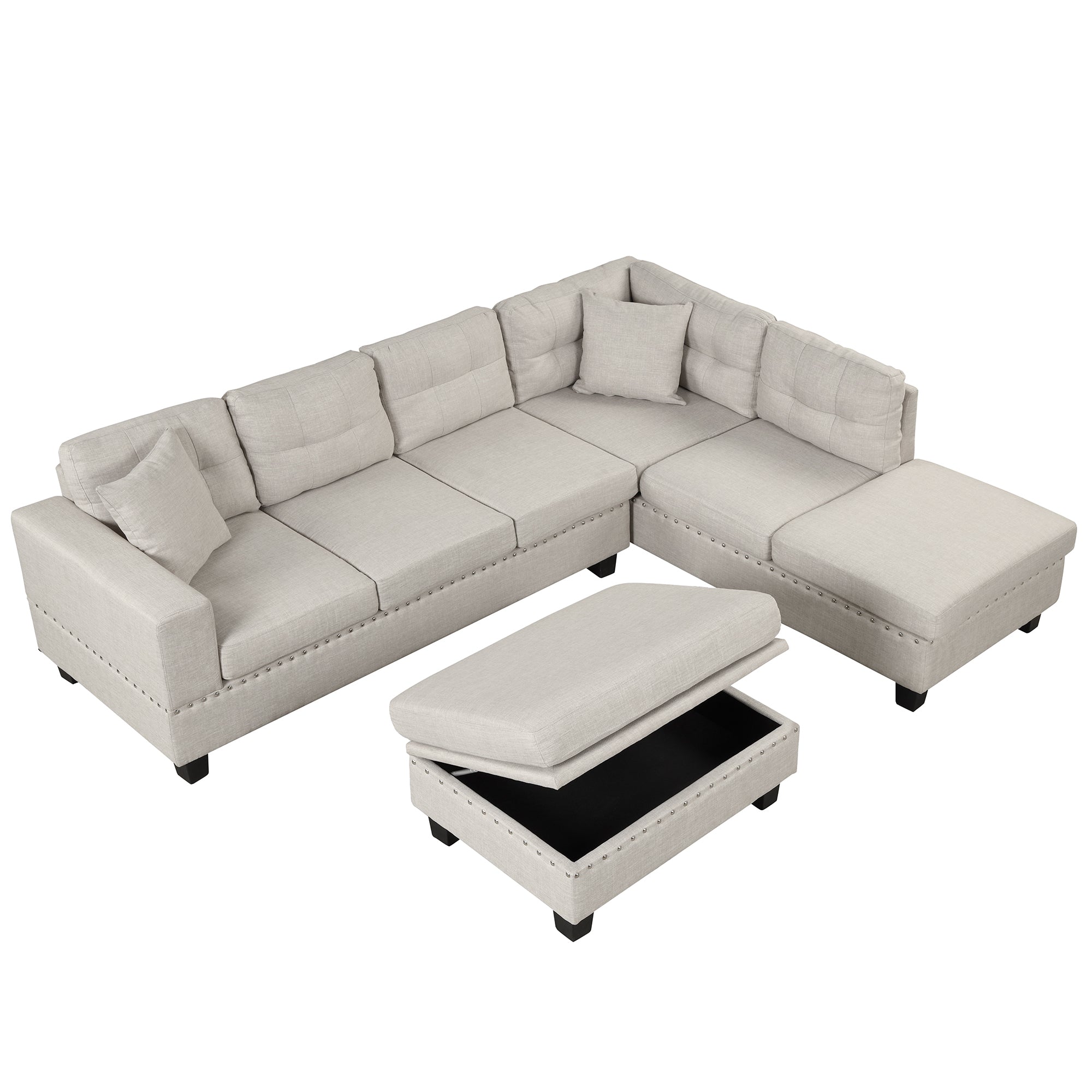 104.5" Modern Sectional Sofa with Storage Ottoman, L-Shape Couch with 2 Pillows and Cup Holder,Sectional Sofa with Reversible Chaise for Living Room,Light Gray