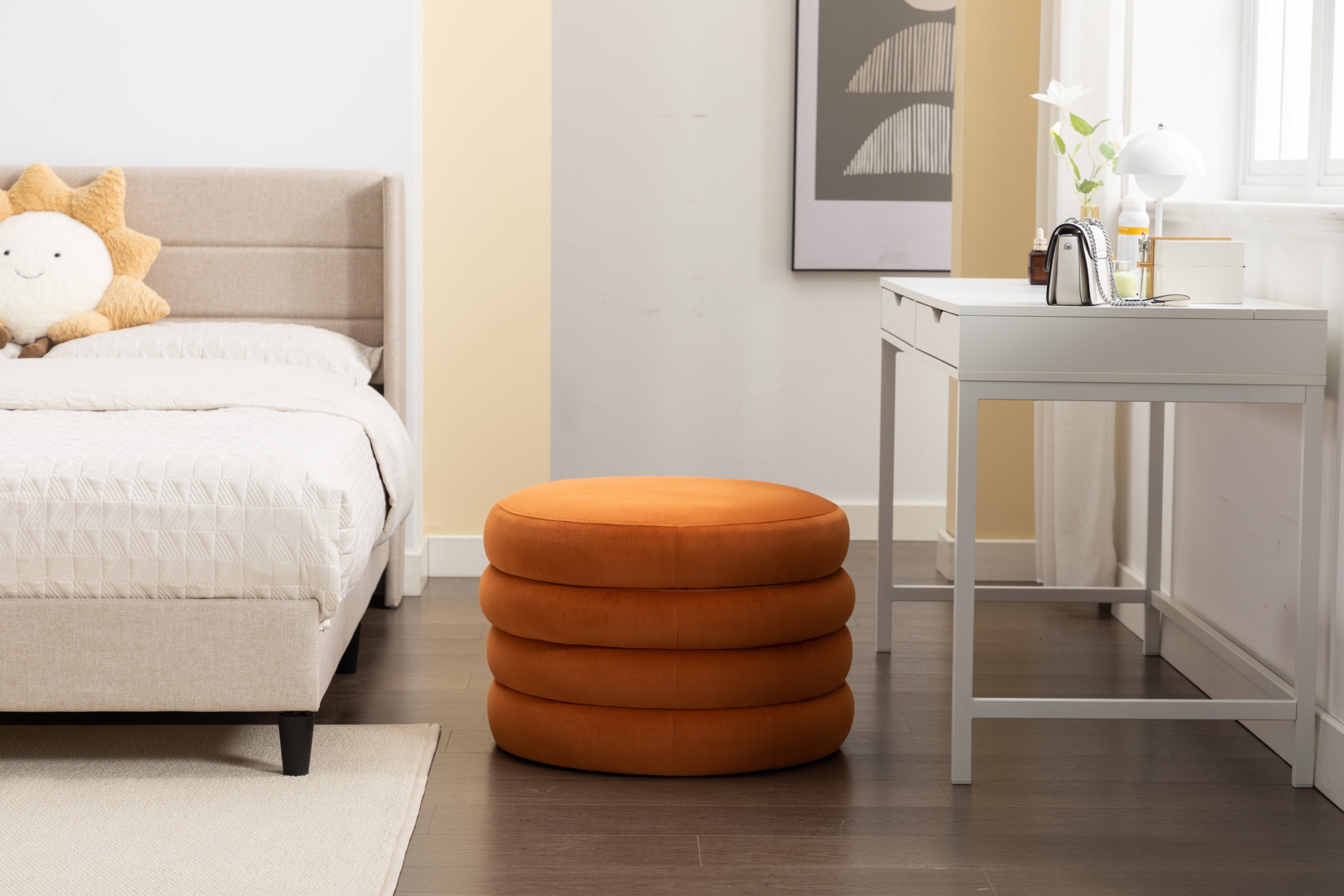 007-Velvet Fabric Storage Round Ottoman Footstool With Wooden Shelving,Orange