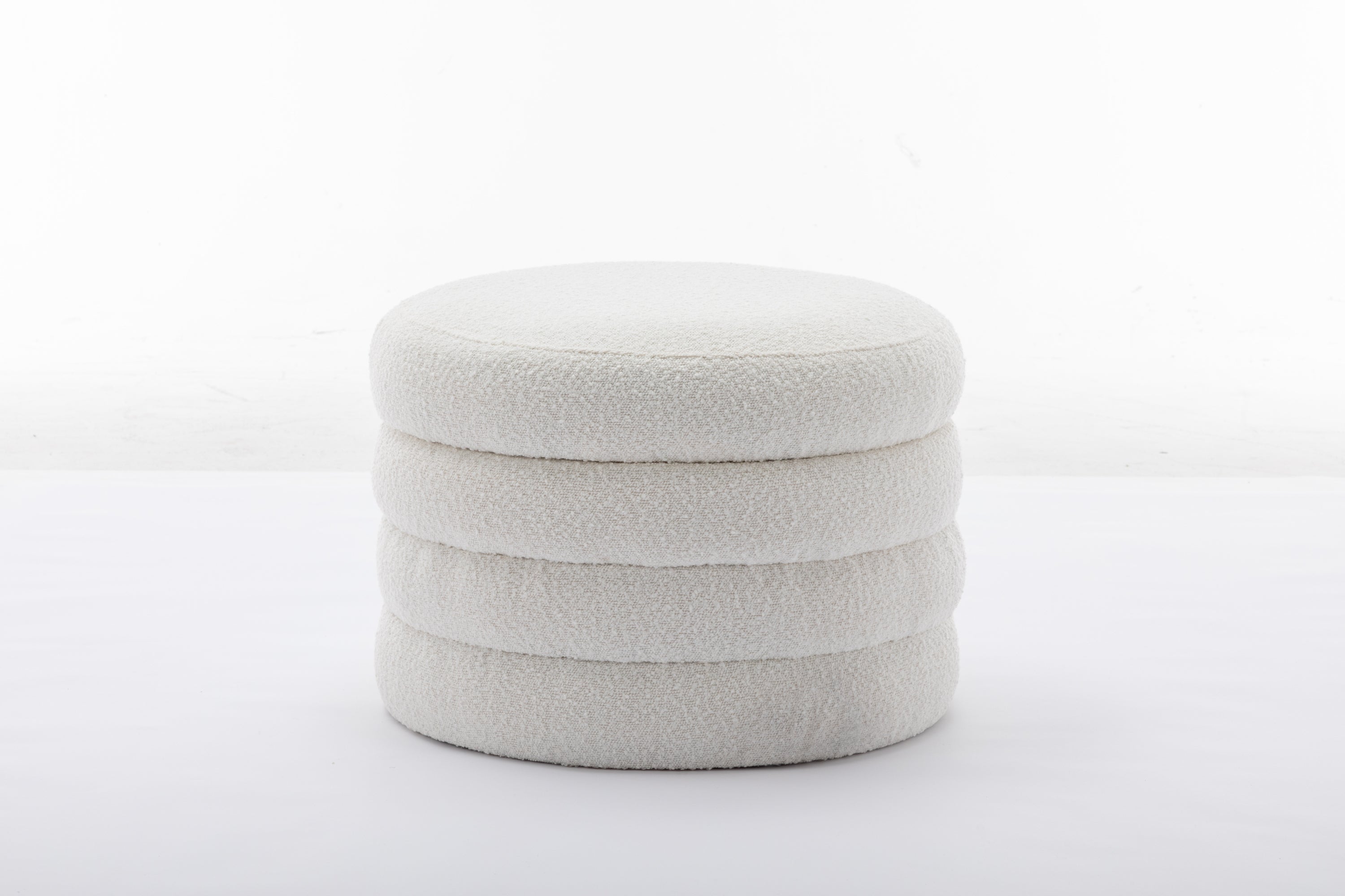 007-Boucle Fabric Storage Round Ottoman Footstool With Wooden Shelving,Ivory