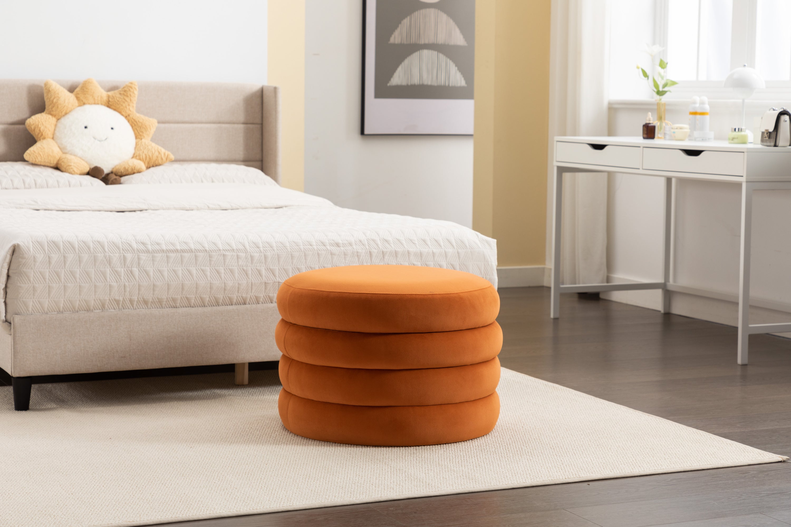 007-Velvet Fabric Storage Round Ottoman Footstool With Wooden Shelving,Orange