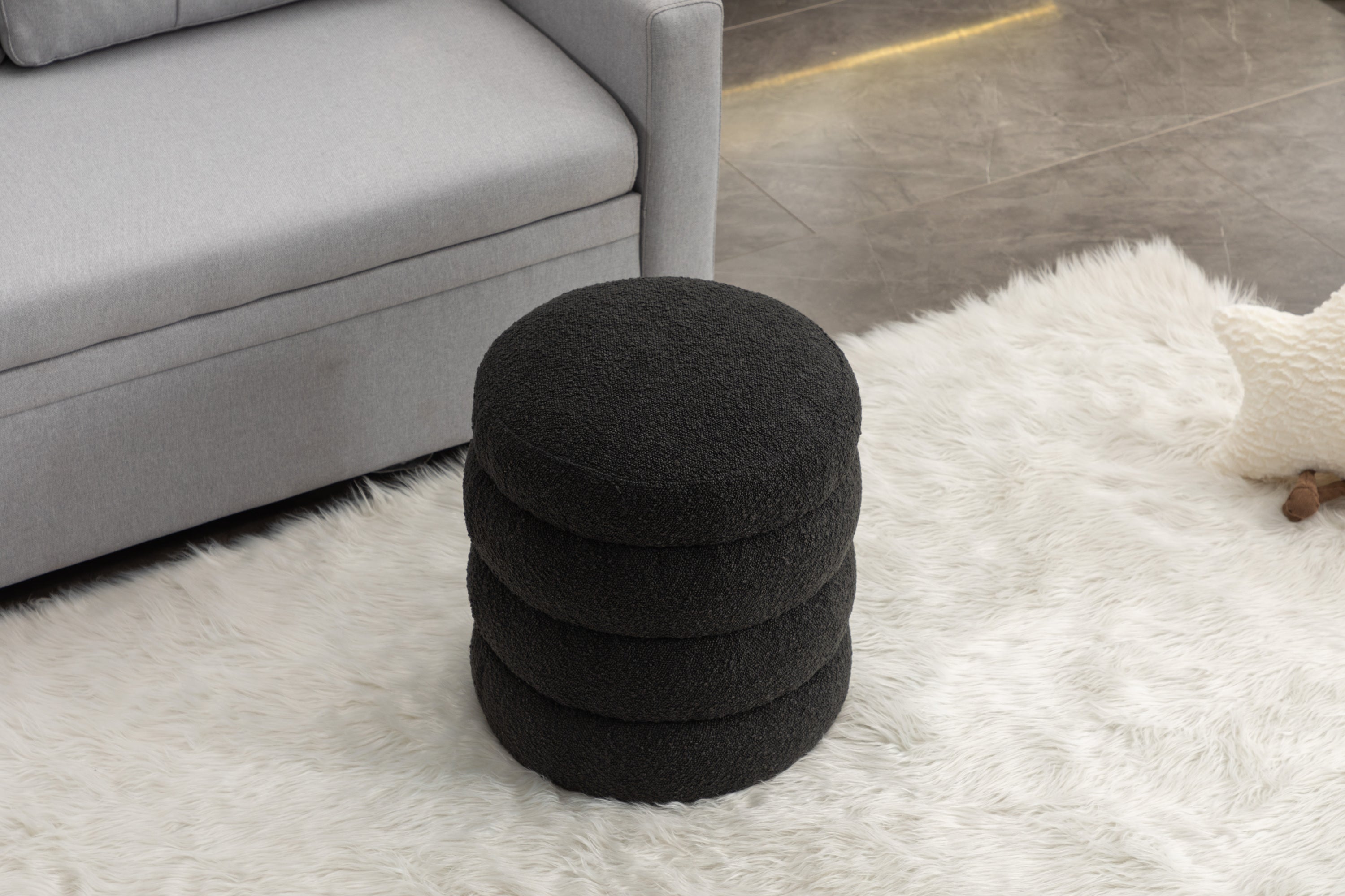 006-Soft Boucle Round Ottoman Footrest Stool,Black