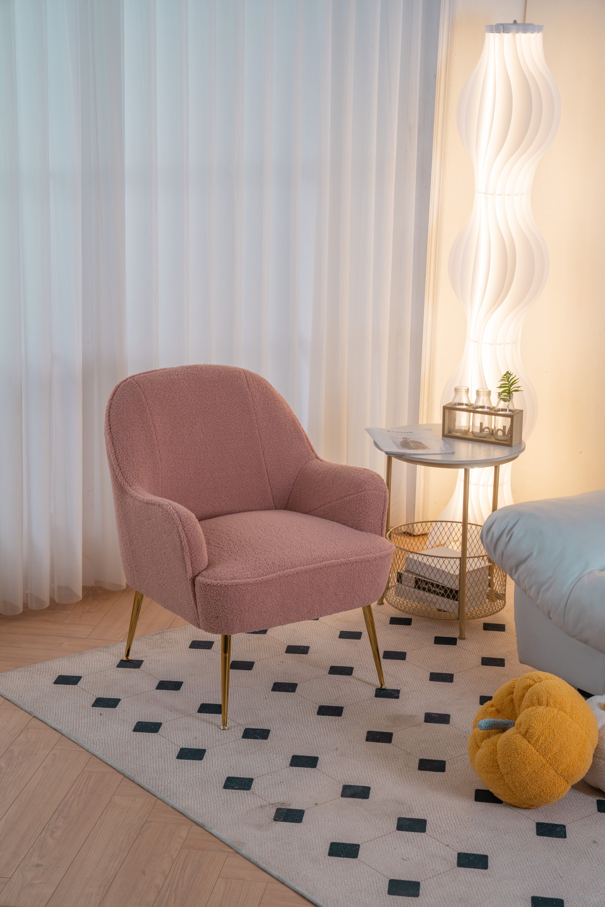 001-Modern Soft Teddy fabric Ergonomics Accent Chair With Gold Legs And Adjustable Legs For Indoor Home,Pink