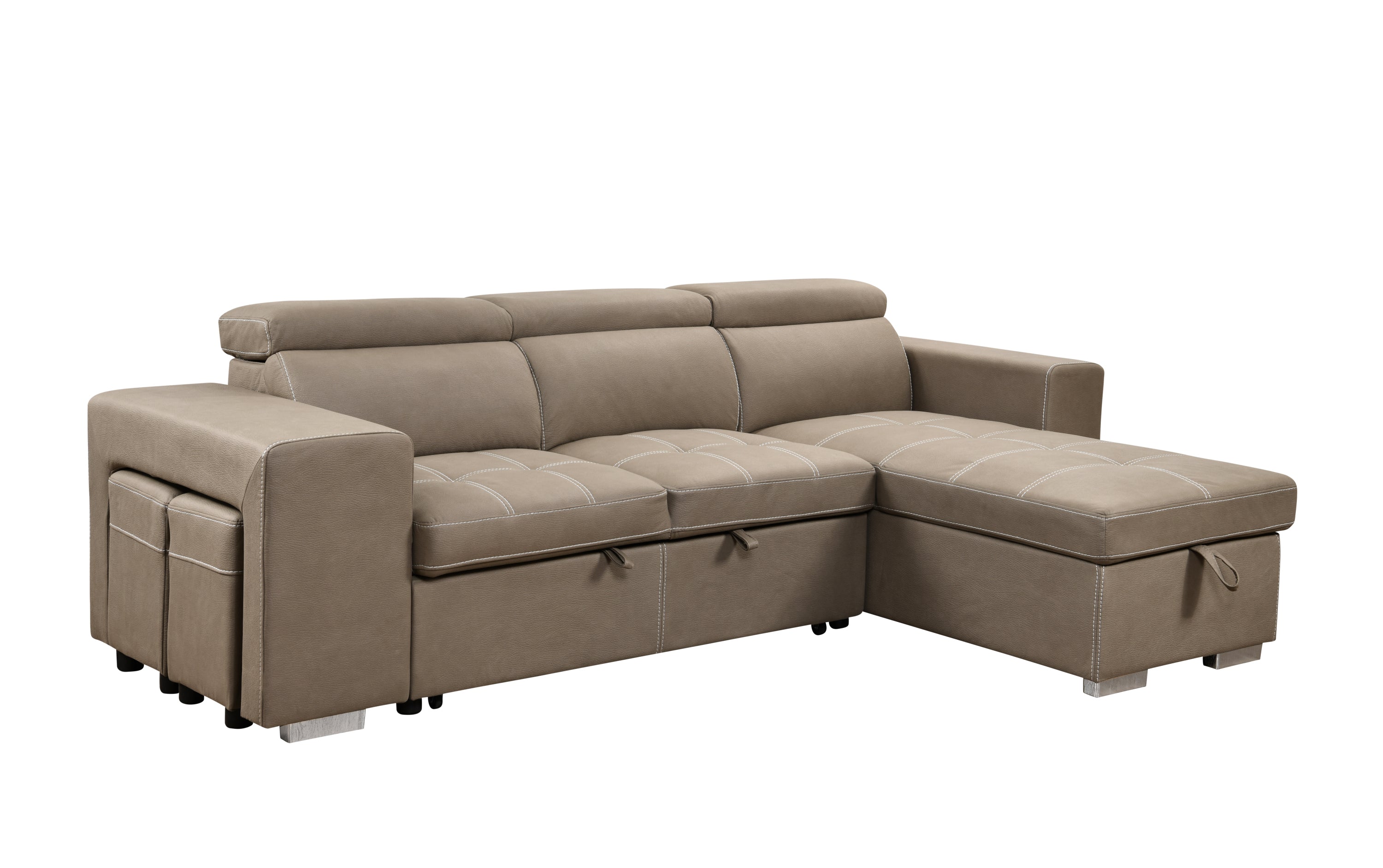 105 inch Reversible Sectional Sofa with Storage Chaise and 2 Stools, with Adjustable Headrest, Sleeper Contemporary Corner Sectional with Pull-Out Sleeper and Chaise ,Light Brown