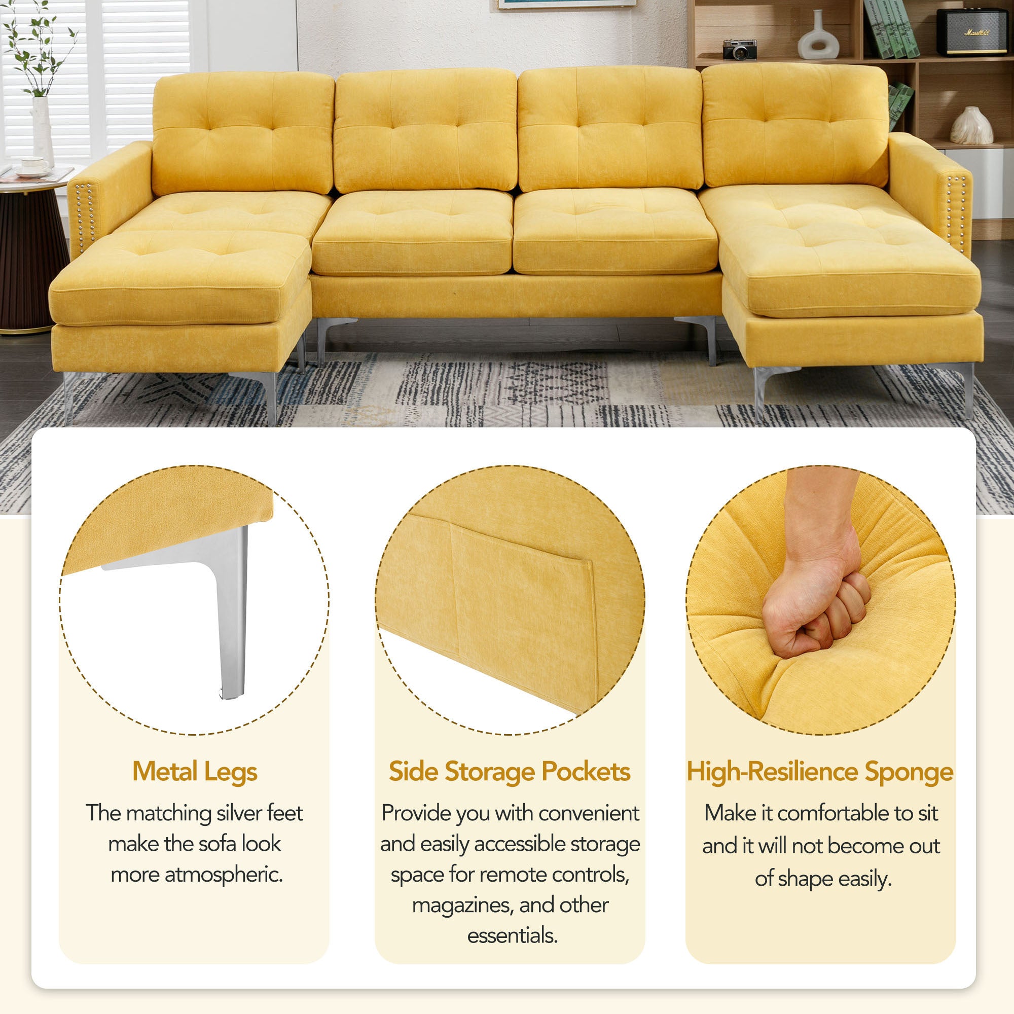 110" L-Shape Convertible Sectional Sofa Couch with Movable Ottoman for Living Room, Apartment, Office, Yellow