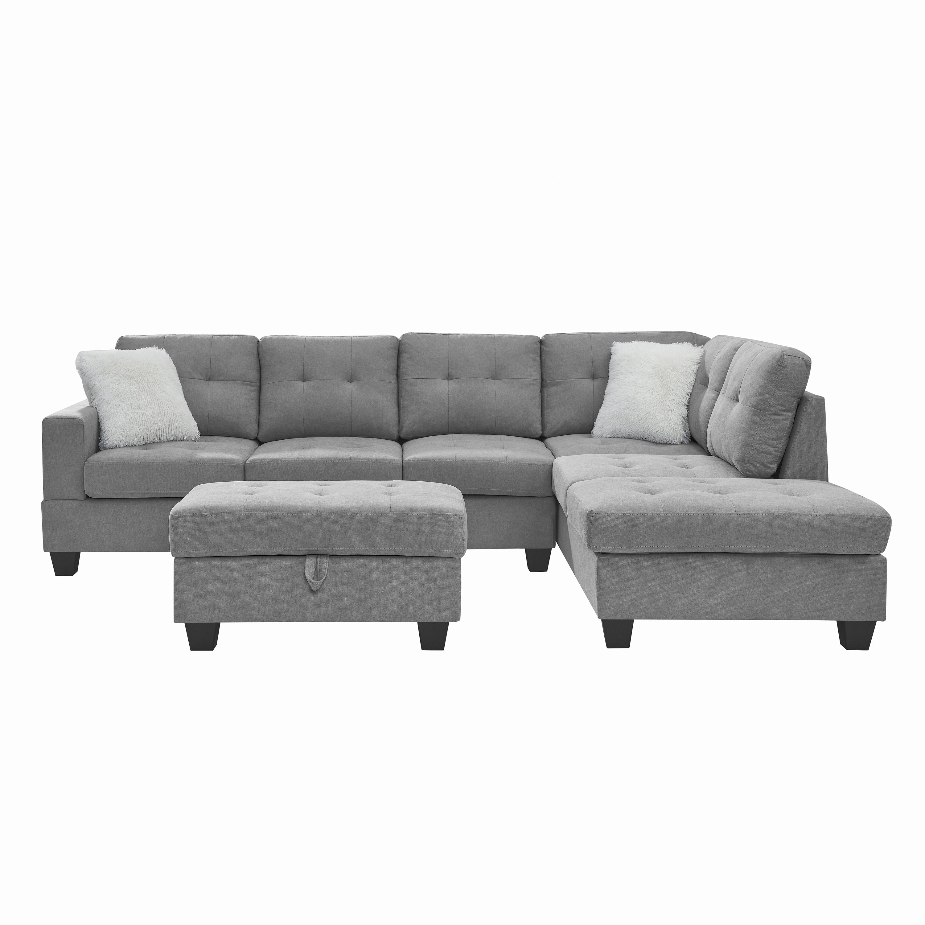 107" Fabric Sectional Sofa Couch with Storage Ottoman, L Shape sofa with Folded Cup Holder Panel for Living Room, Light Gray, Pocket Coil Spring in Seats