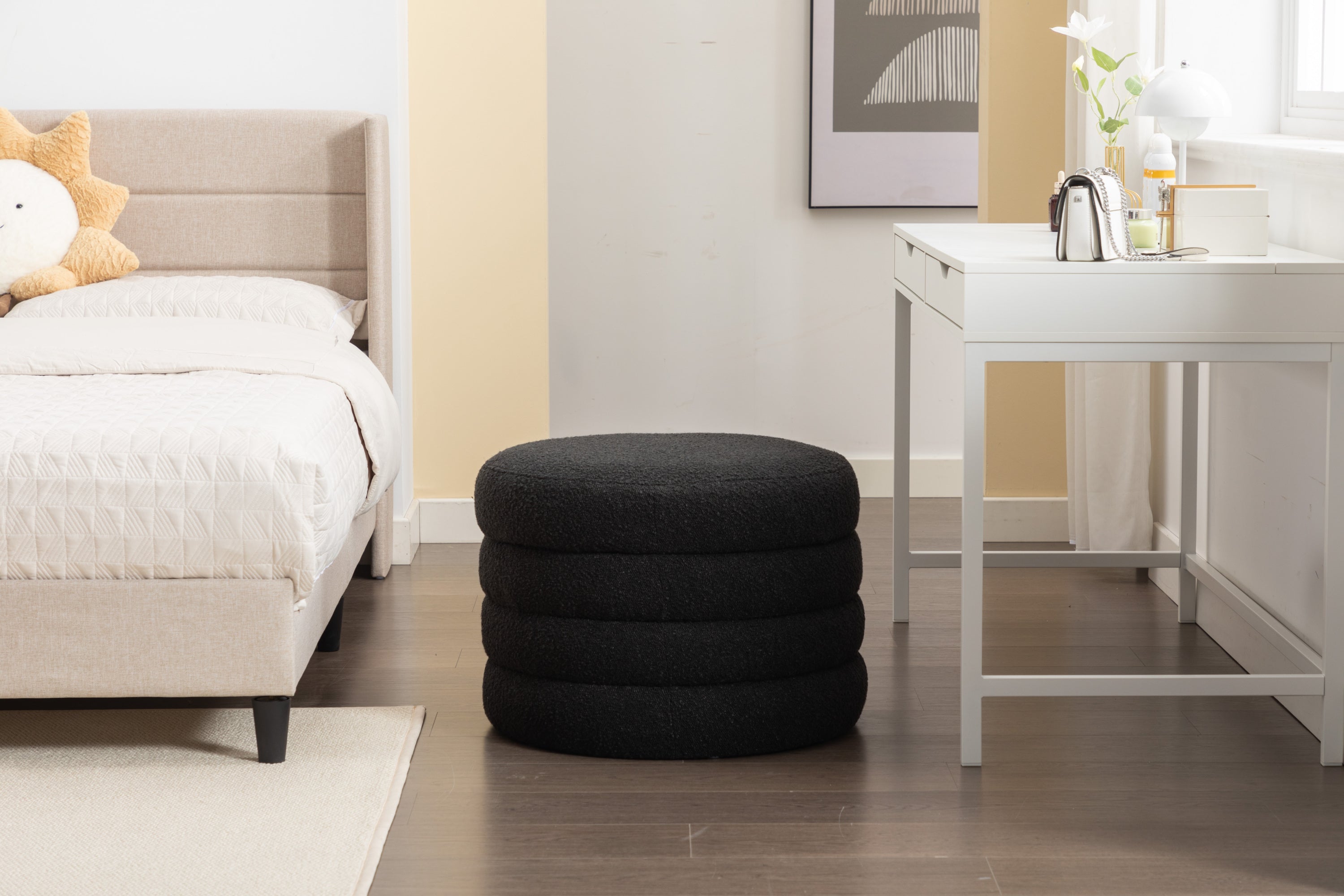 007-Boucle Fabric Storage Round Ottoman Footstool With Wooden Shelving,Black