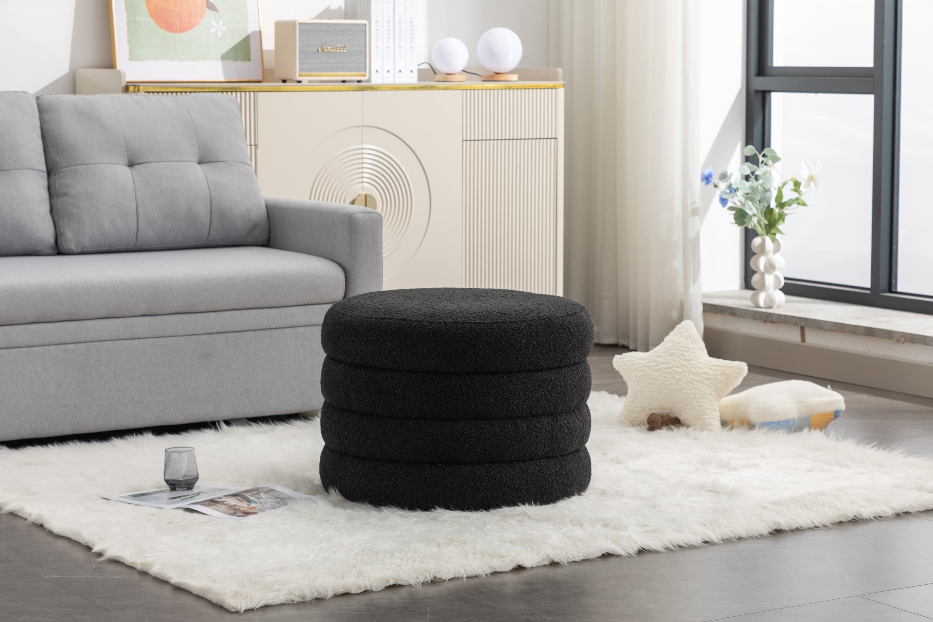 007-Boucle Fabric Storage Round Ottoman Footstool With Wooden Shelving,Black