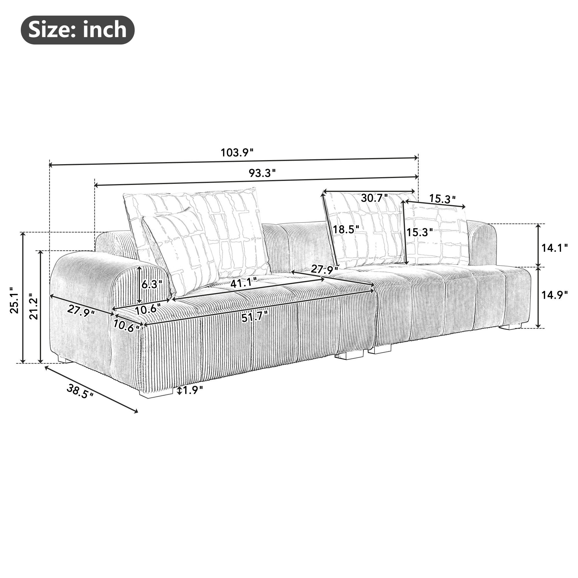 103.9" Modern Couch Corduroy Fabric Comfy Sofa with Rubber Wood Legs, 4 Pillows for Living Room, Bedroom, Office, Beige