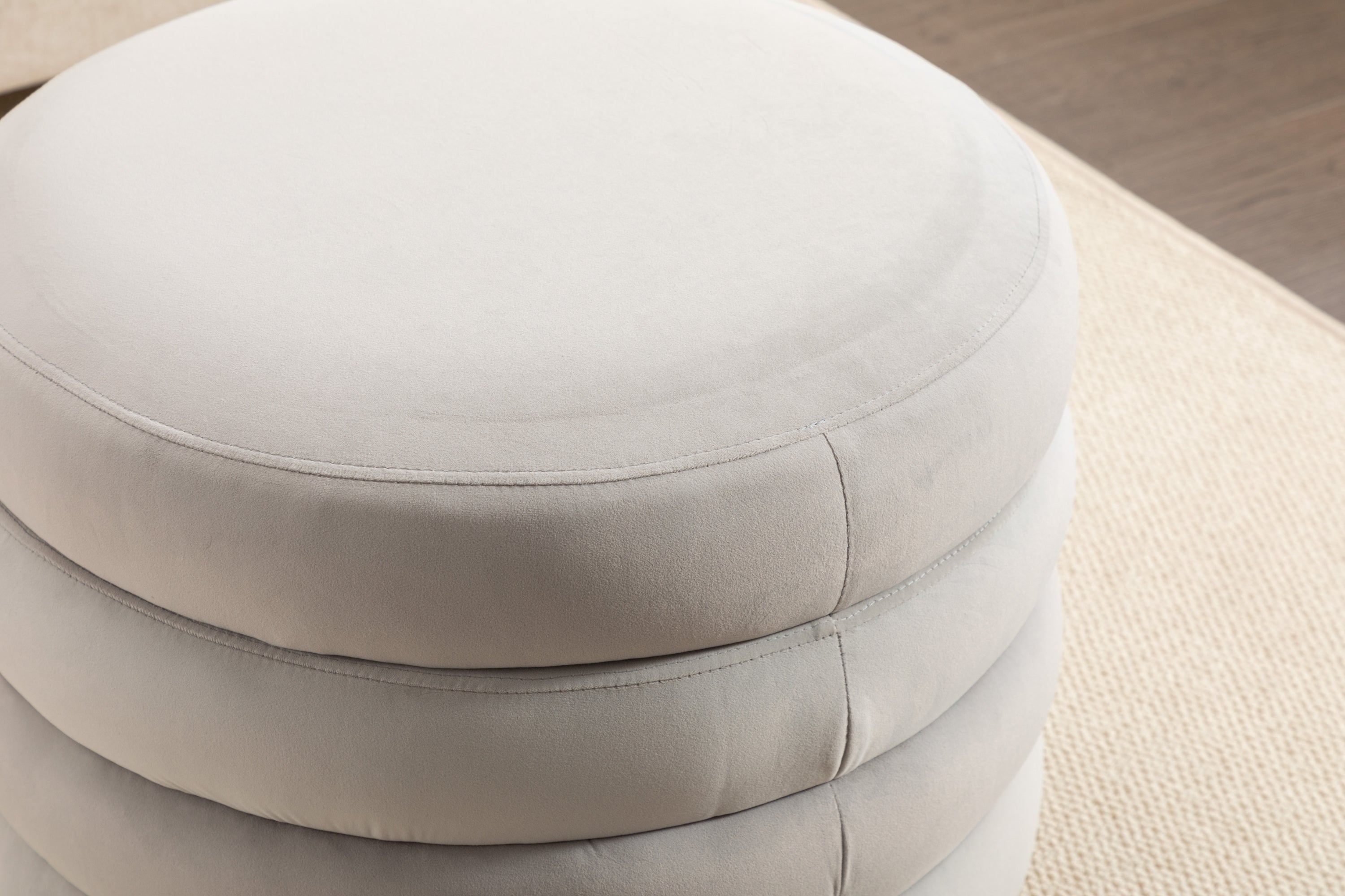 007-Velvet Fabric Storage Round Ottoman Footstool With Wooden Shelving,Light Gray