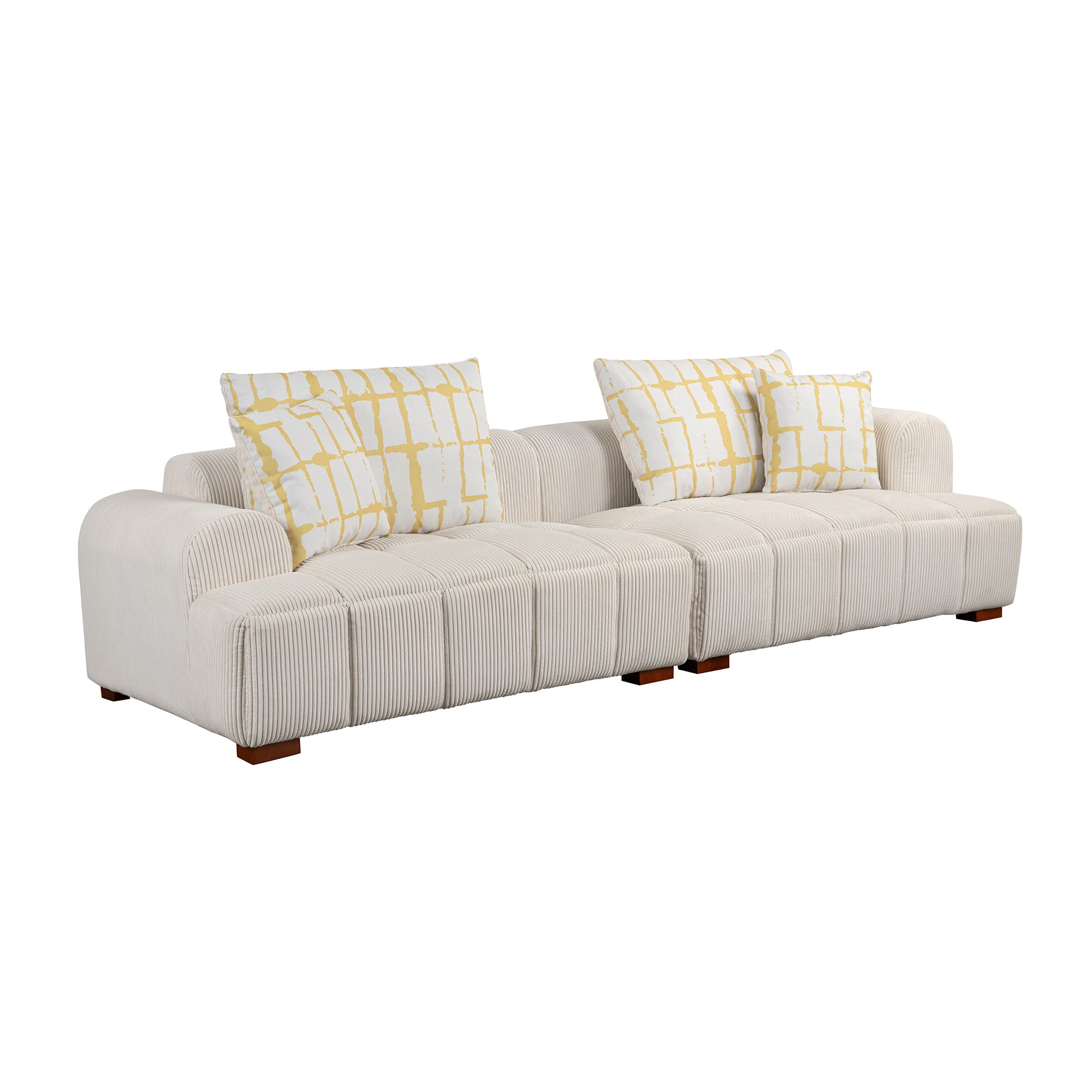 103.9" Modern Couch Corduroy Fabric Comfy Sofa with Rubber Wood Legs, 4 Pillows for Living Room, Bedroom, Office, Beige