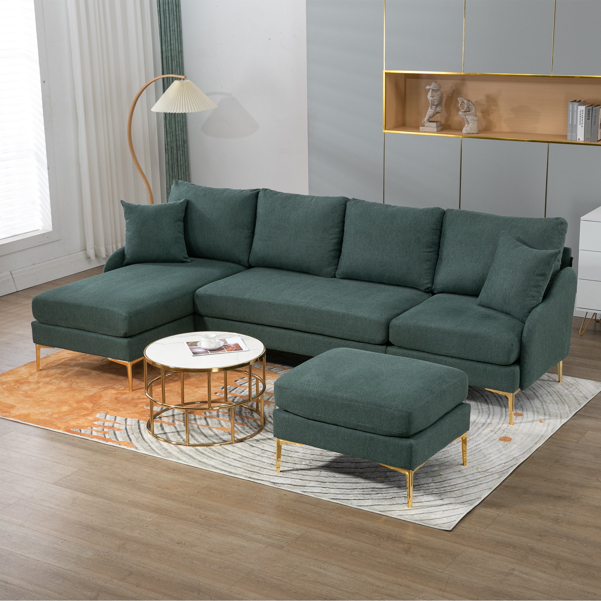 110'' Wide Reversible Left or Right Chaise of Sectional Sofa U-Shape Convertible Sofa Couch 4-Seat Couch with Chaise Lounge Upholstered for Living Room, Apartment, Office, Green Polyester Blend