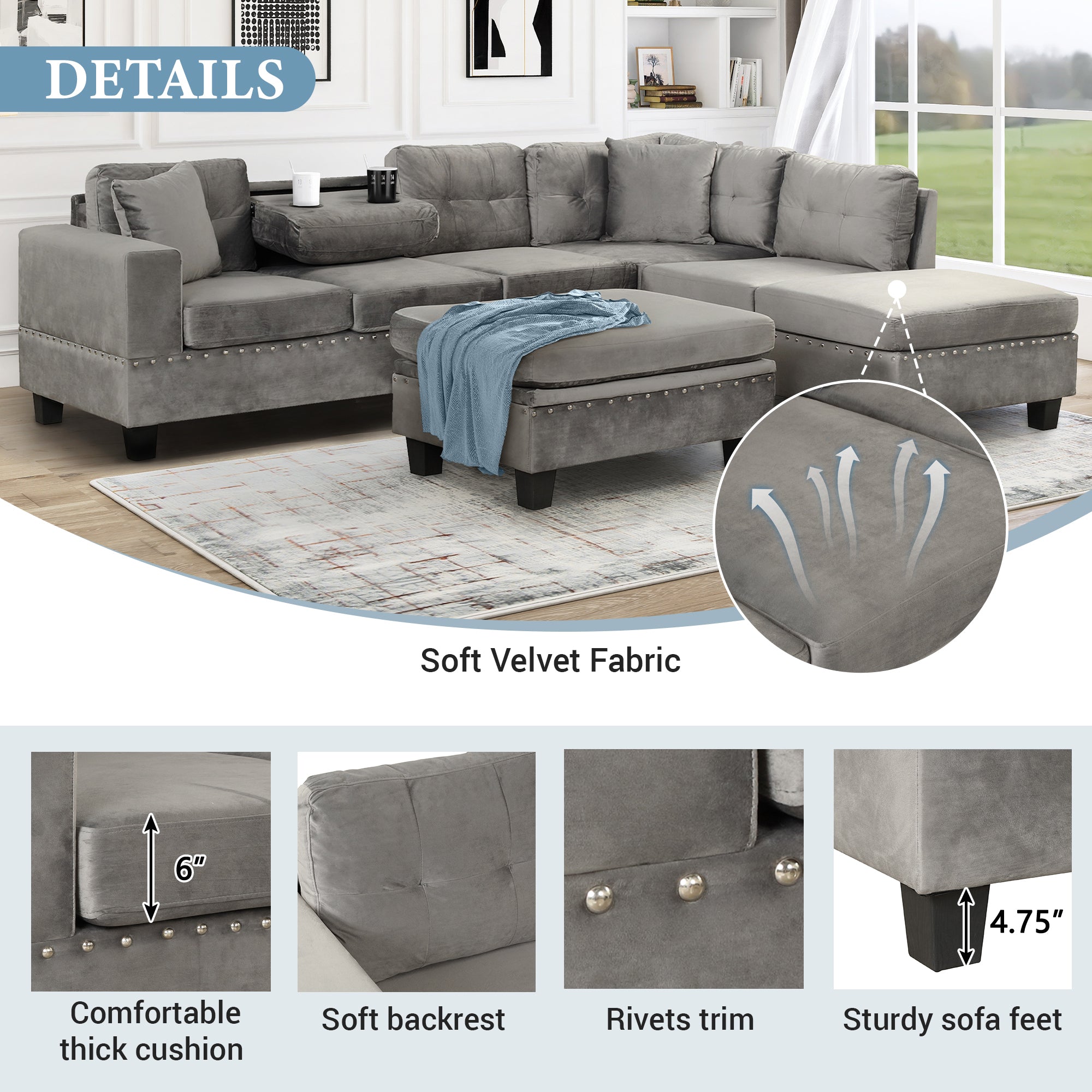 104.5" Modern Sectional Sofa with Storage Ottoman, L-Shape Couch with 2 Pillows and Cup Holder,Sectional Sofa with Reversible Chaise for Living Room,Gray