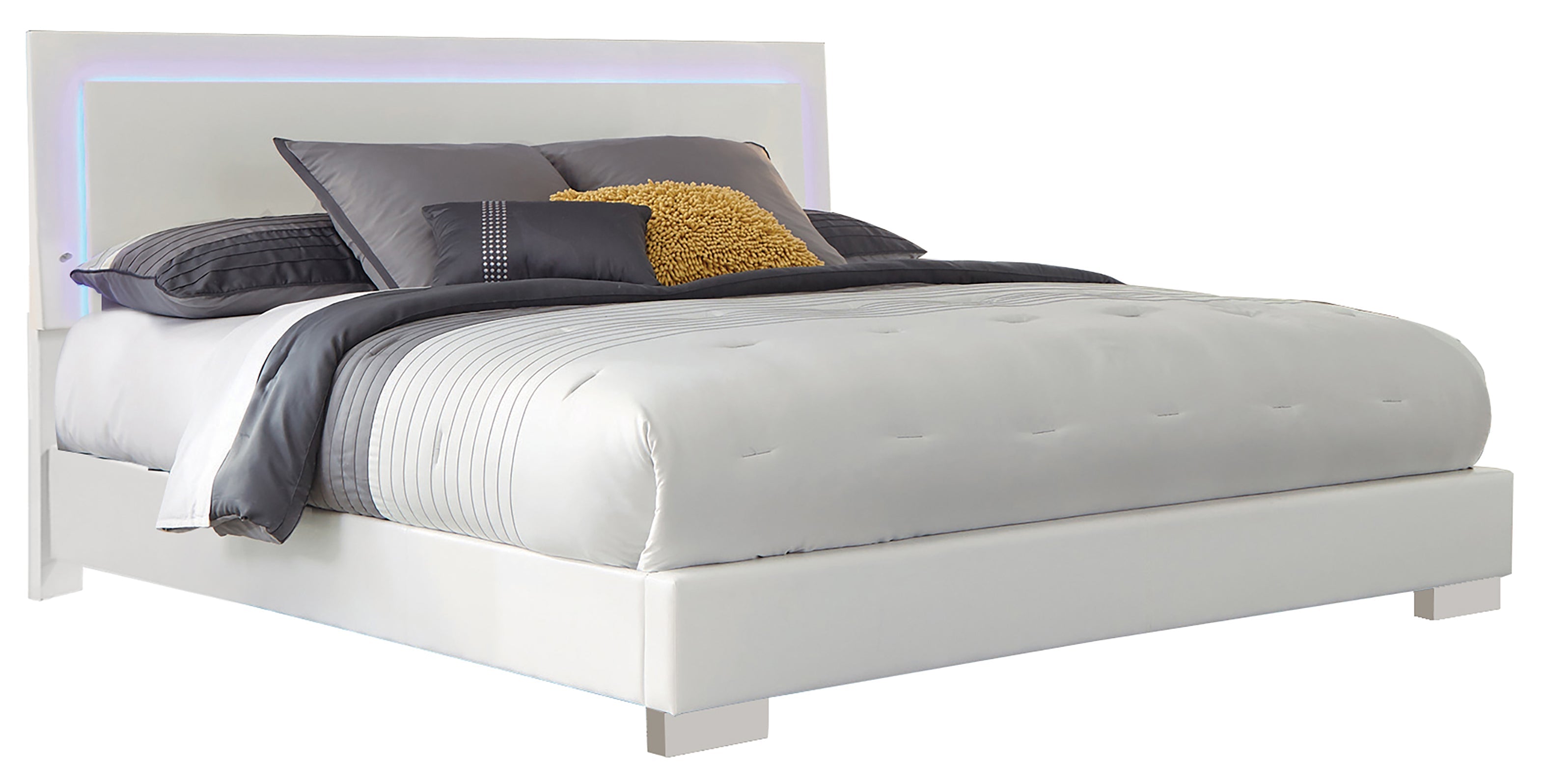 Felicity Modern Style Ultra-Glossy White Panel Bed Eastern King With LED Lighting