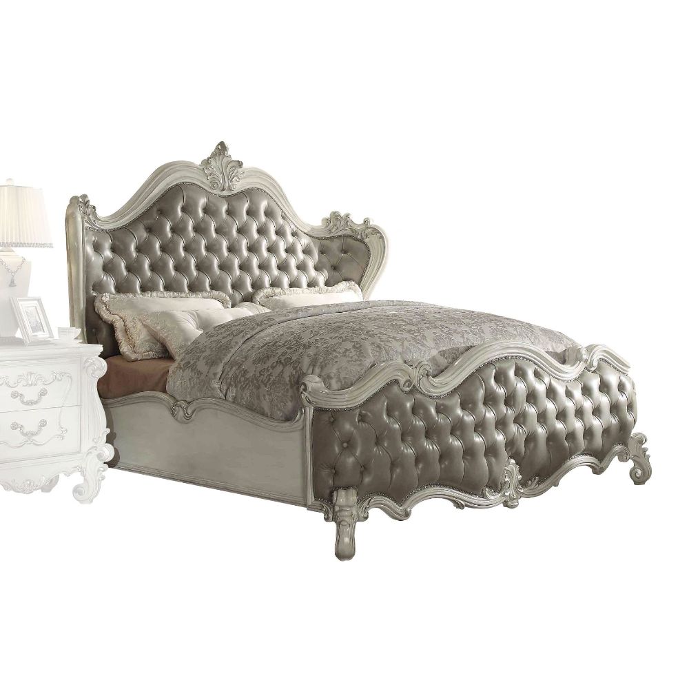 Callissa European Design Royal Vintage Bed Eastern King Versailles Bed Set Vintage Gray Synthetic Leather & Bone White Finish