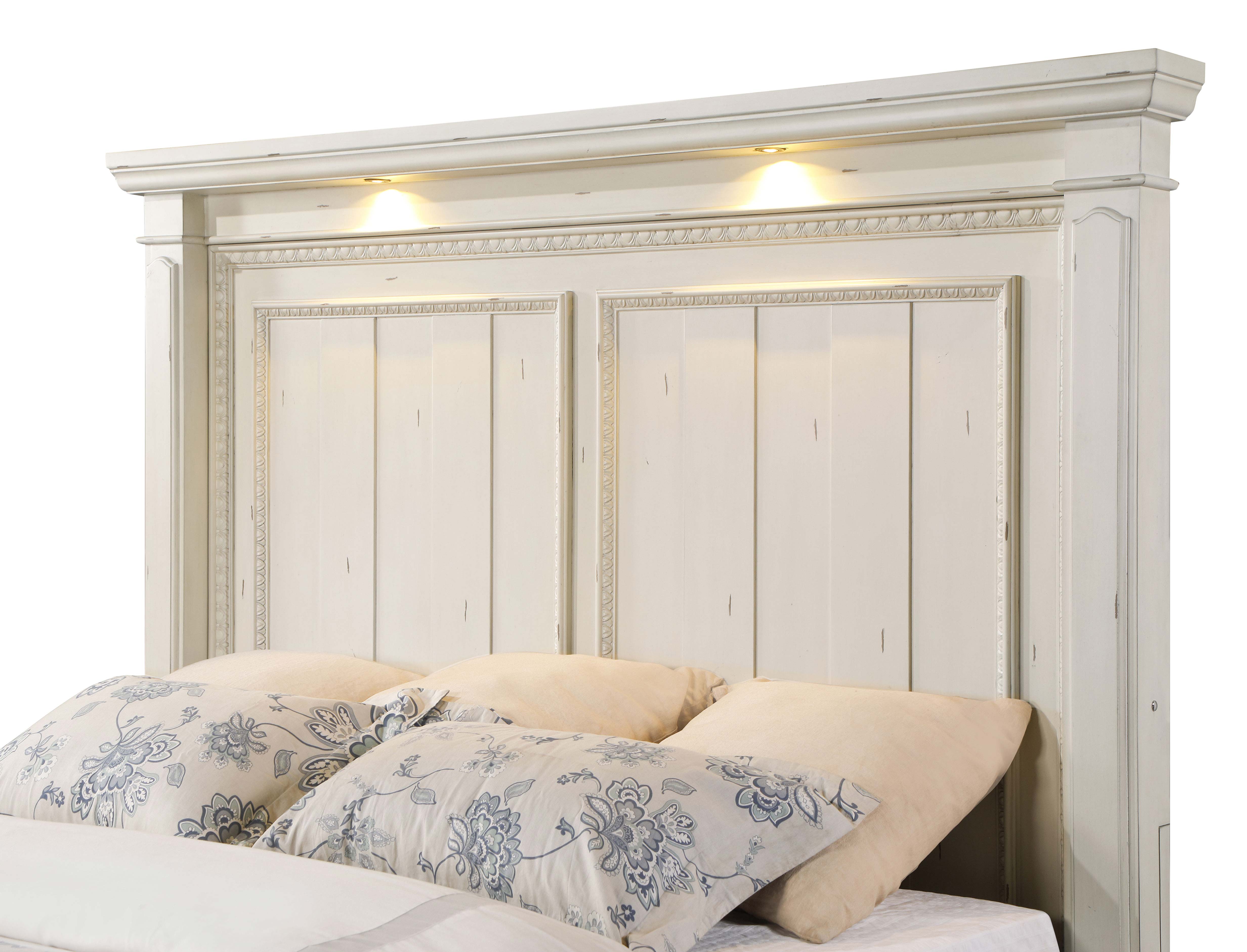 Evelyn Panel Bed with Headboard Lighting Antique White