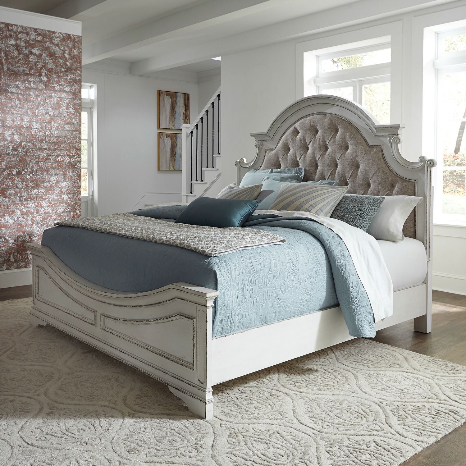 Cianny Casual-Look Contemporary Design Bed King California Antique White & Weathered Bark Upholstered