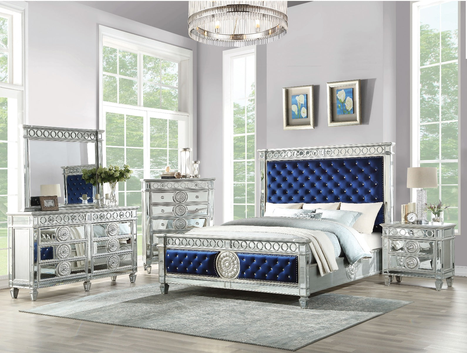 Daretha Contemporary Transitional Look Bed Eastern King Blue Velvet Mirrored