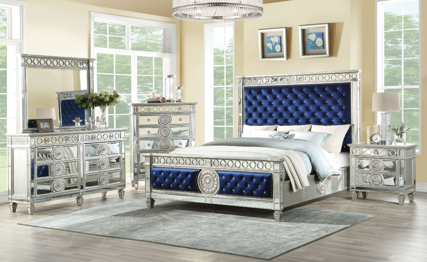 Arnolds Luxurious Upholstery & Poster with Elegantly Tapered Legs Bed Queen Bed, Blue Velvet & Mirrored